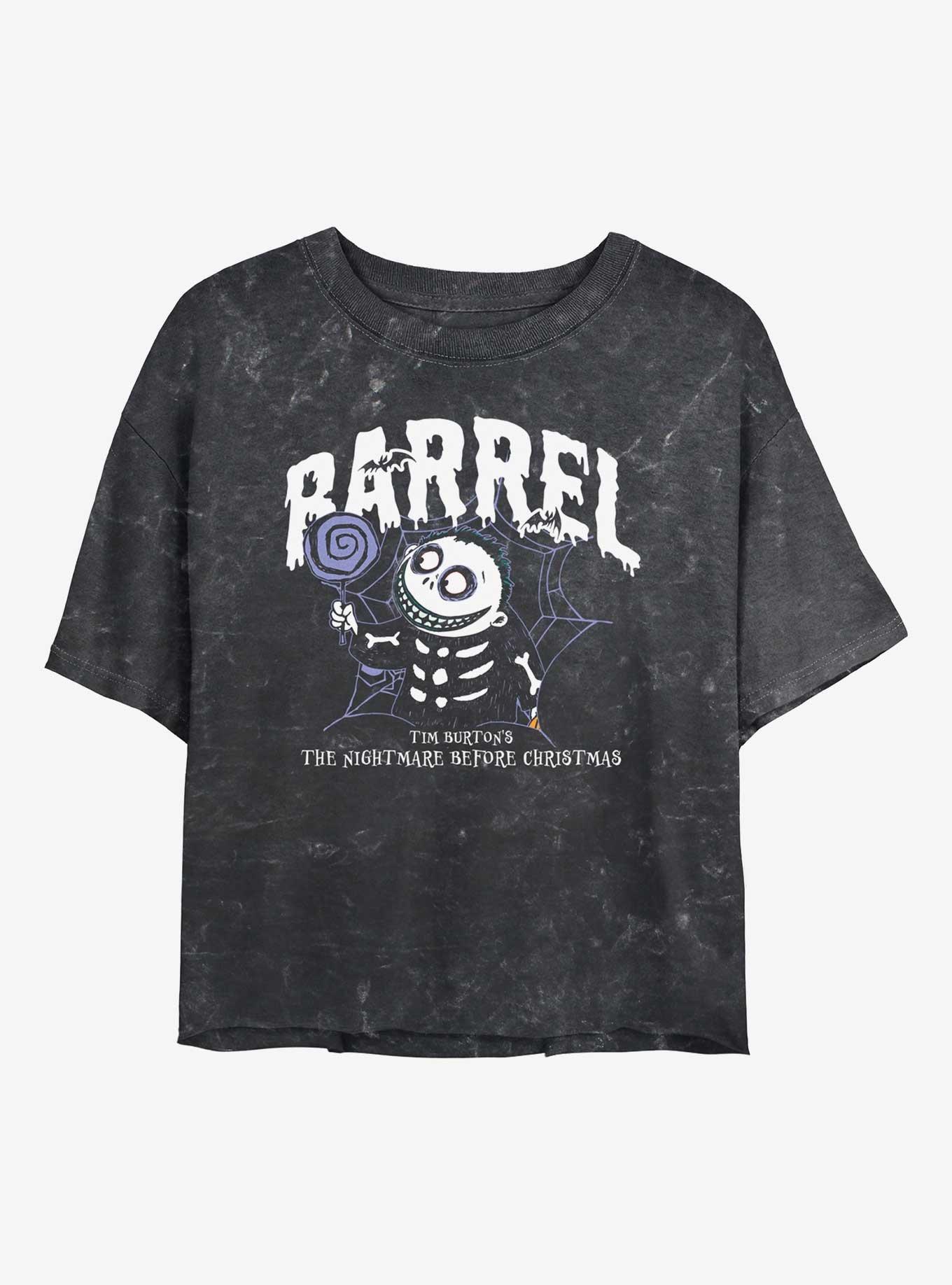 The Nightmare Before Christmas Collegiate Barrel Girls Mineral Wash Crop T-Shirt, BLACK, hi-res