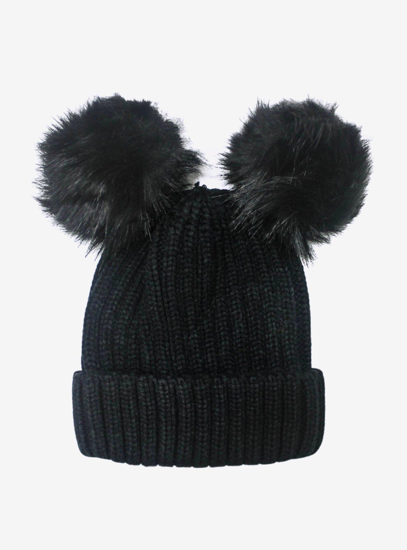 Double Pom Pom Black Knit Beanie, , hi-res