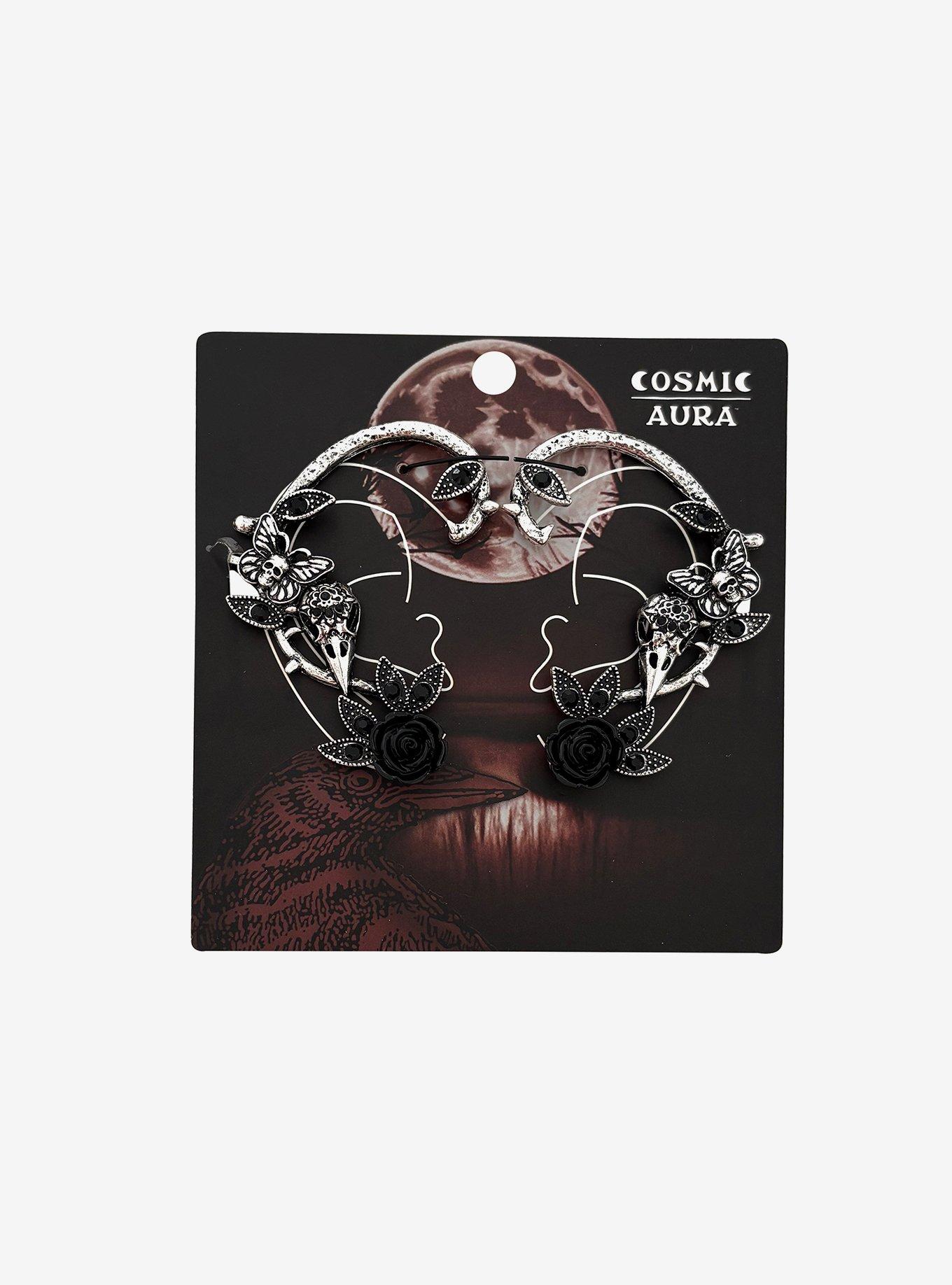 Cosmic Aura Raven Skull Black Rose Ear Cuff Set, , hi-res