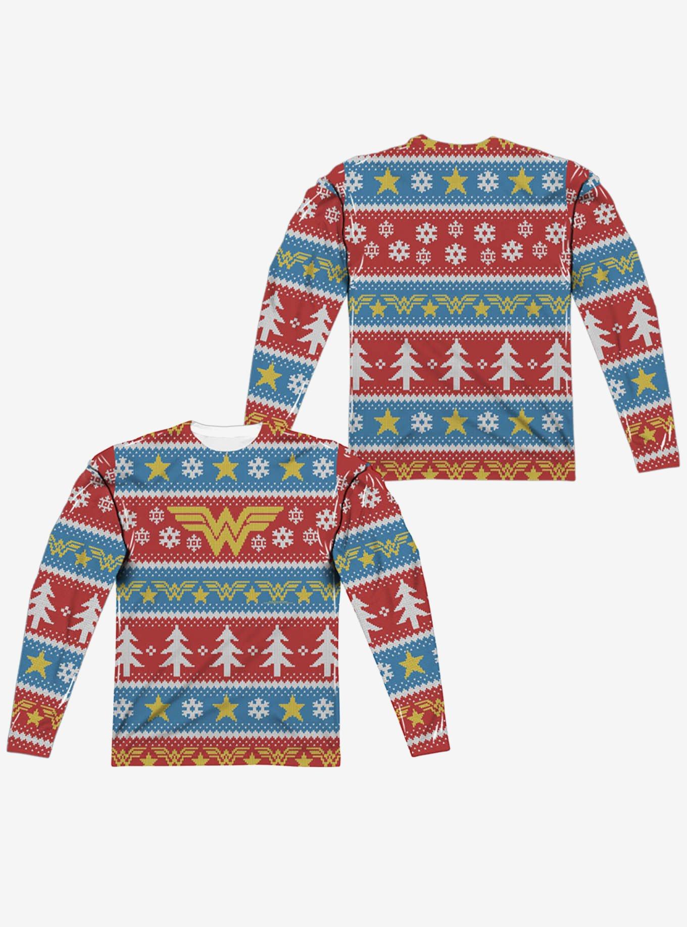 DC Comics Wonder Woman Christmas Sweater Print Long Sleeve Sublimated T-Shirt, MULTI, hi-res