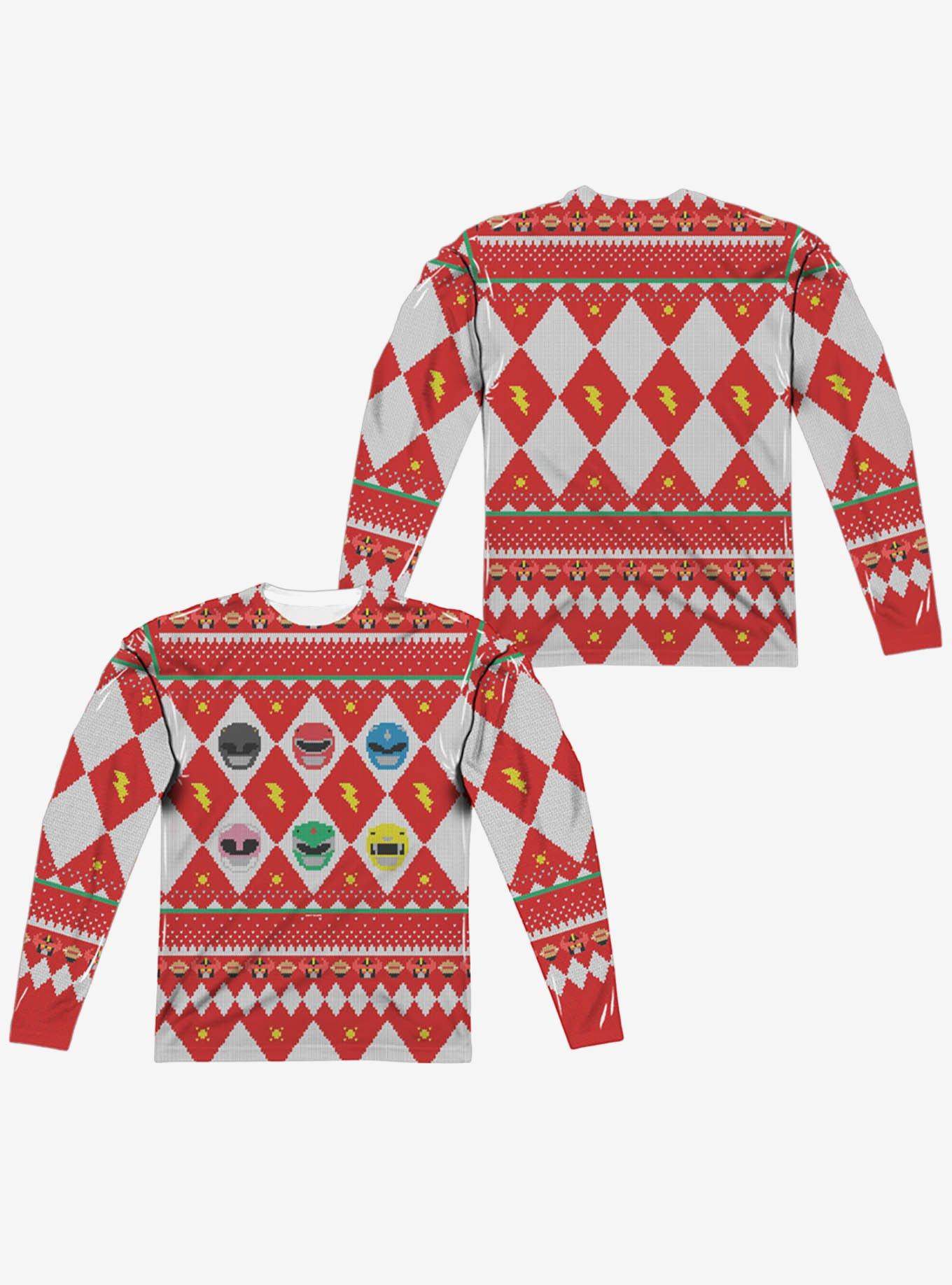 Mighty Morphin Power Rangers Ho Ho Christmas Sweater Print Long Sleeve Sublimated T-Shirt, MULTI, hi-res