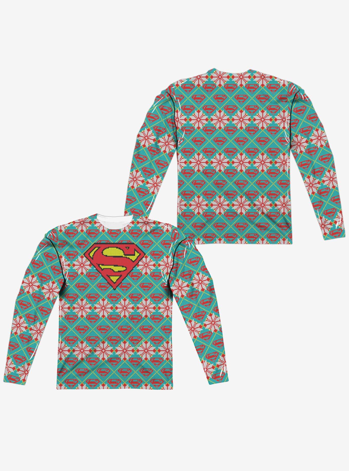 DC Comics Superman All Over Christmas Sweater Print Long Sleeve Sublimated T-Shirt, MULTI, hi-res