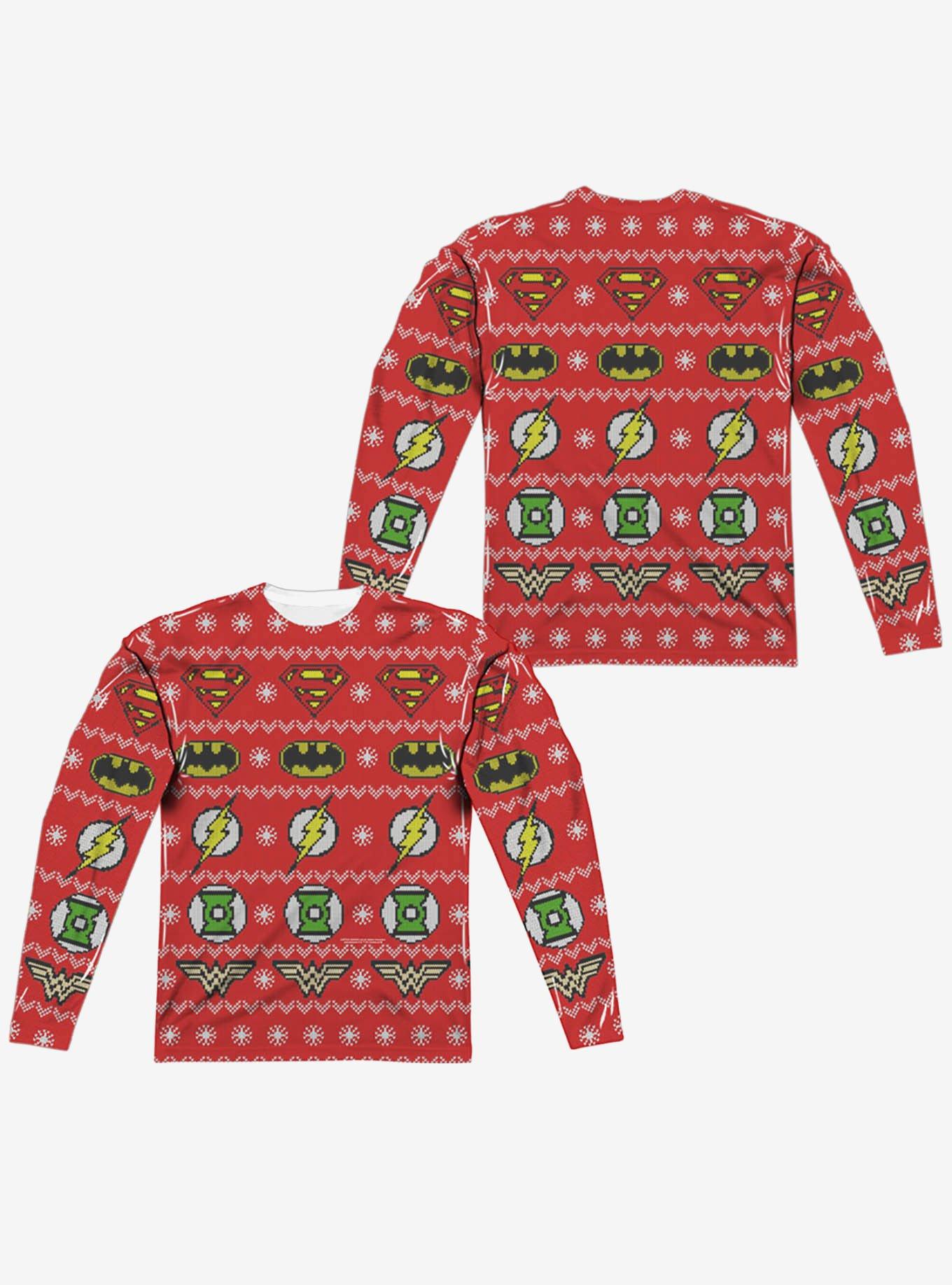 Justice League All Over Christmas Sweater Print Long Sleeve Sublimated T-Shirt, MULTI, hi-res