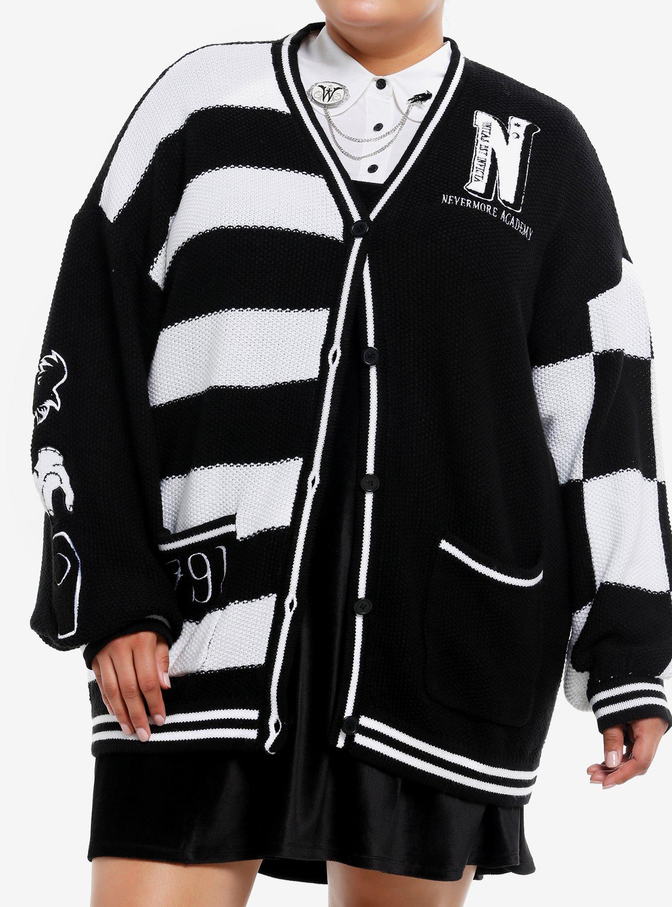 Wednesday Black & White Stripe Patches Slouchy Cardigan Plus Size, , hi-res