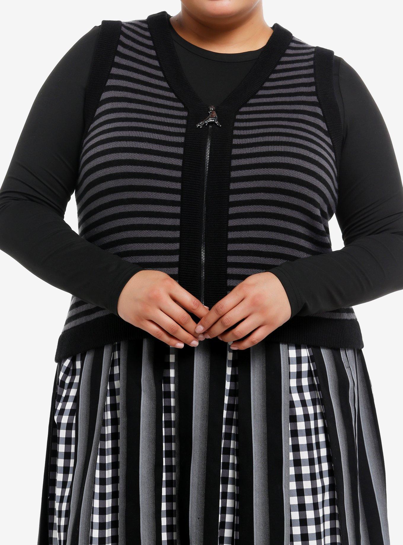 Wednesday Black & Grey Stripe Black Sheep Girls Sweater Vest Plus Size, , hi-res