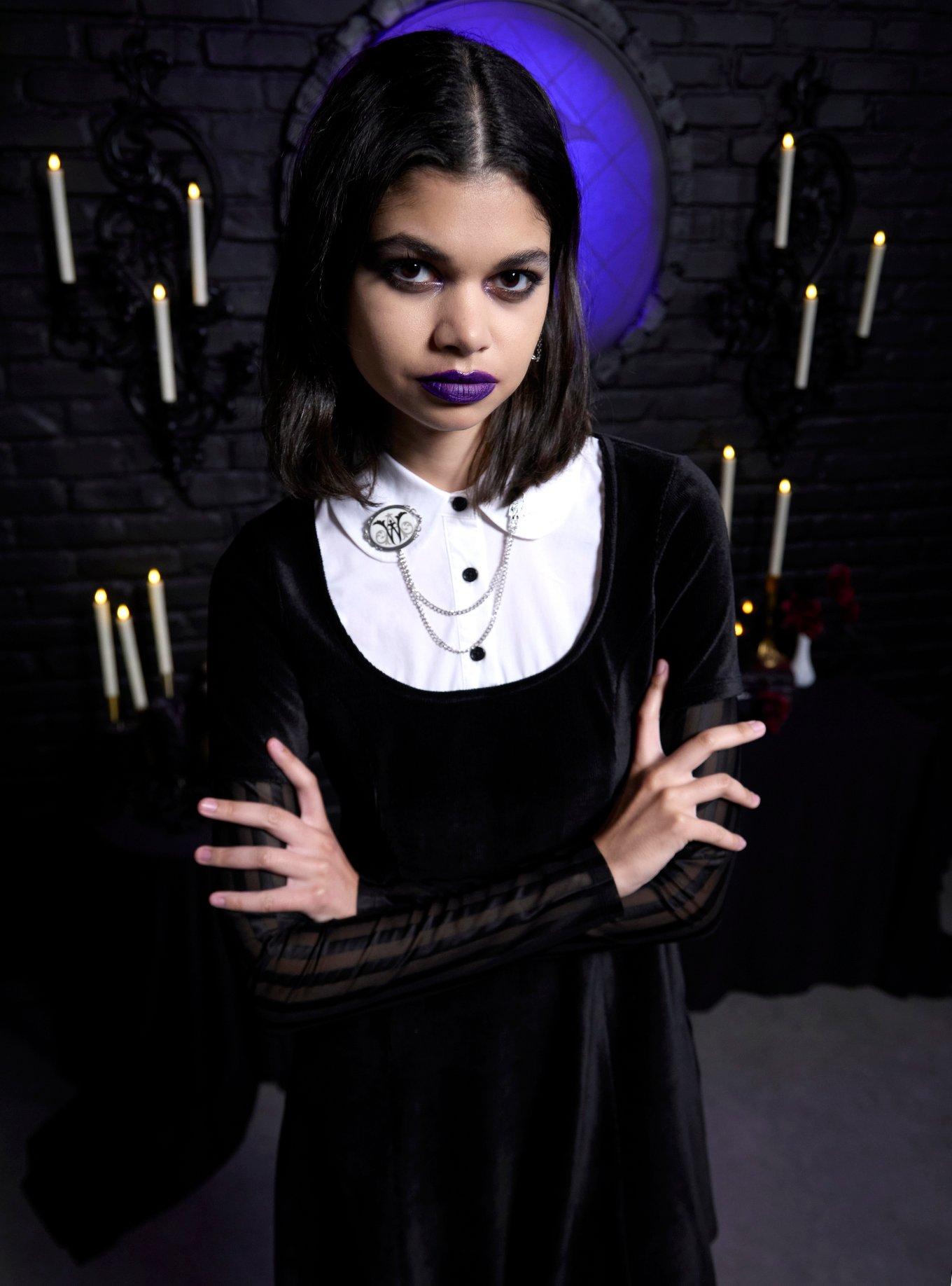 Wednesday Black Velvet Collared Twofer Long-Sleeve Dress, , hi-res