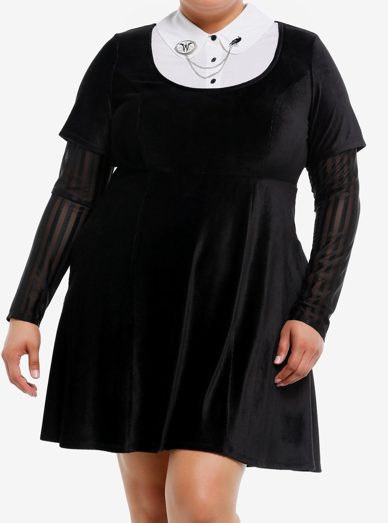 Wednesday Black Velvet Collared Twofer Long-Sleeve Dress Plus Size, , hi-res