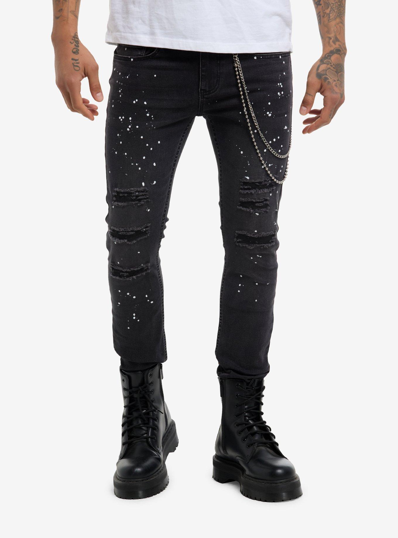Black & White Splatter Destructed Side Chain Stinger Jeans, , hi-res