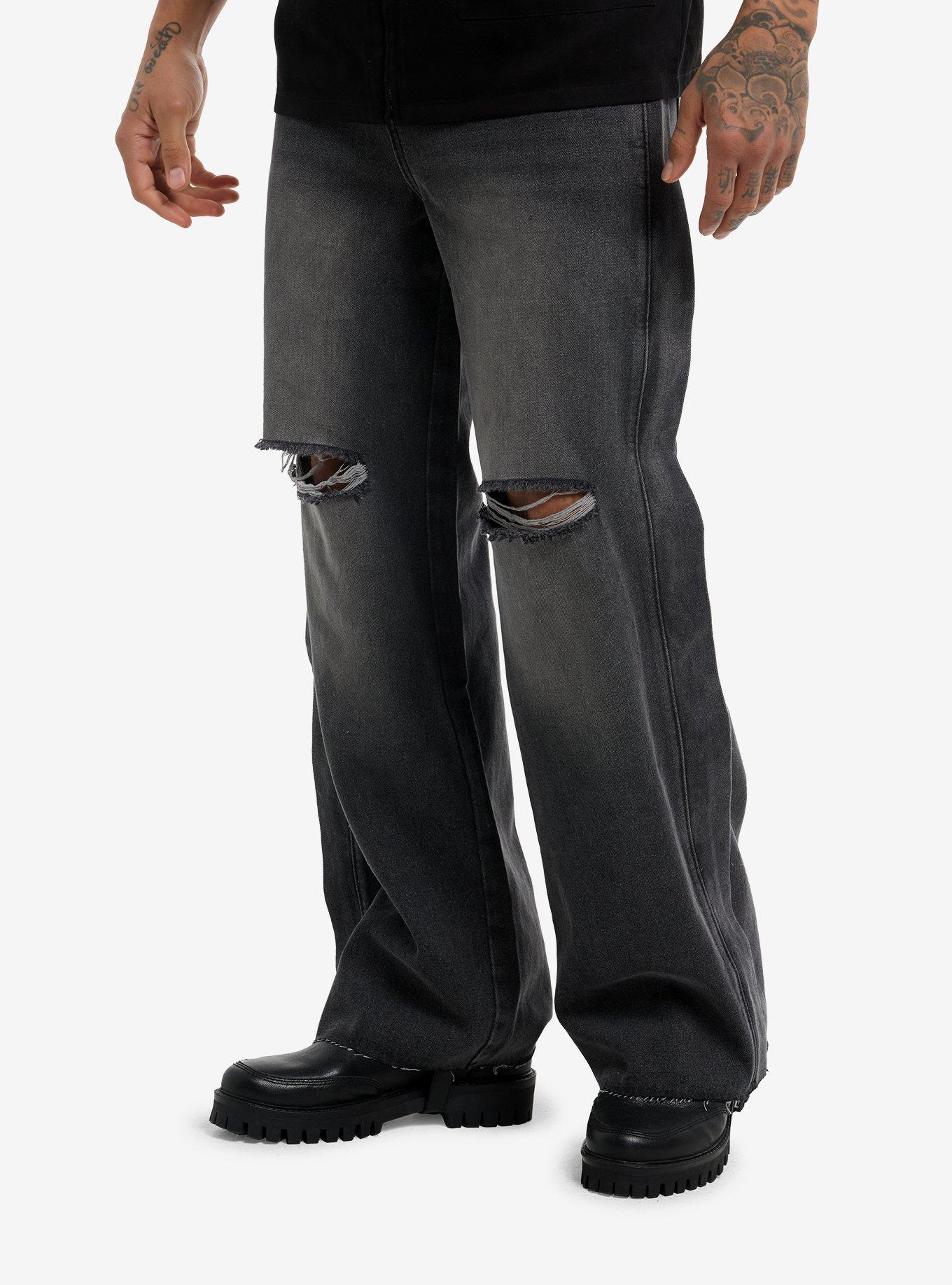Grey Wash Ripped Wide Leg Jeans, , hi-res