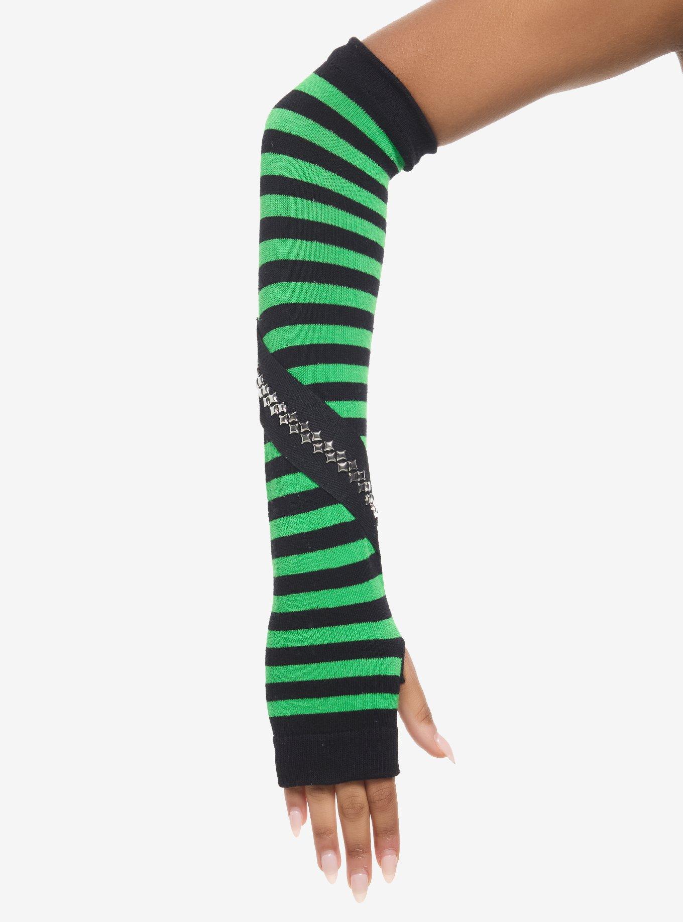 Black & Green Stripe Stud Strap Arm Warmers, , hi-res