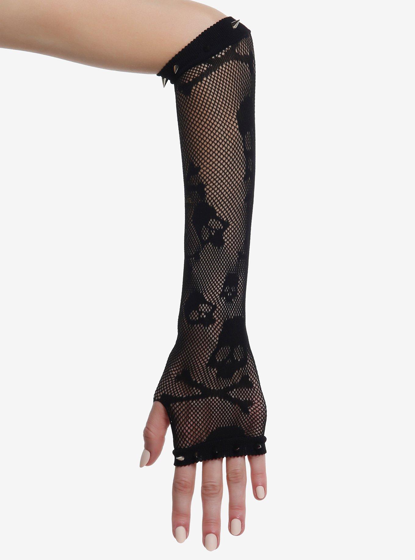 Skull & Crossbones Spike Fishnet Arm Warmers, , hi-res