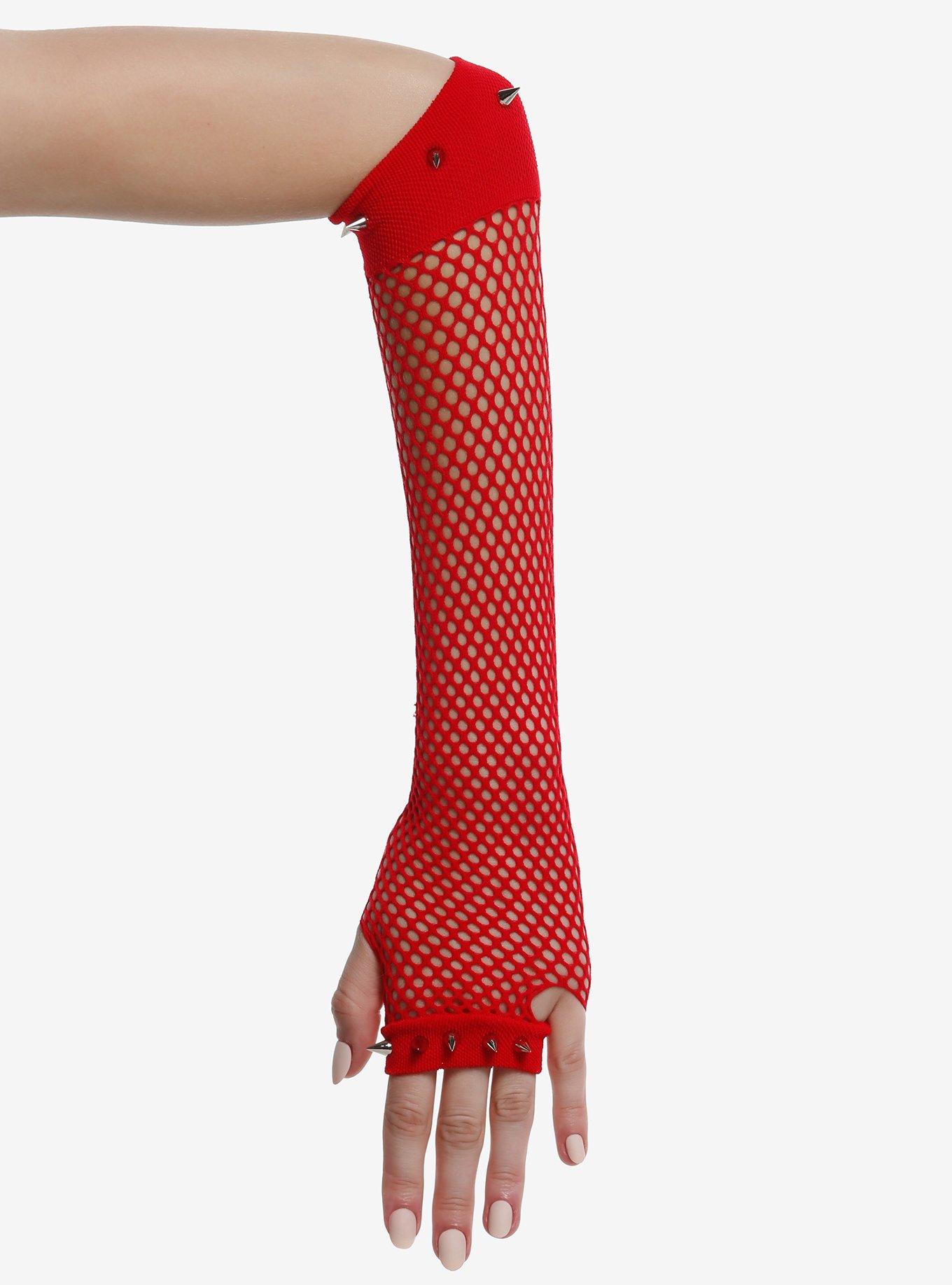 Red Spike Stud Fishnet Arm Warmers, , hi-res