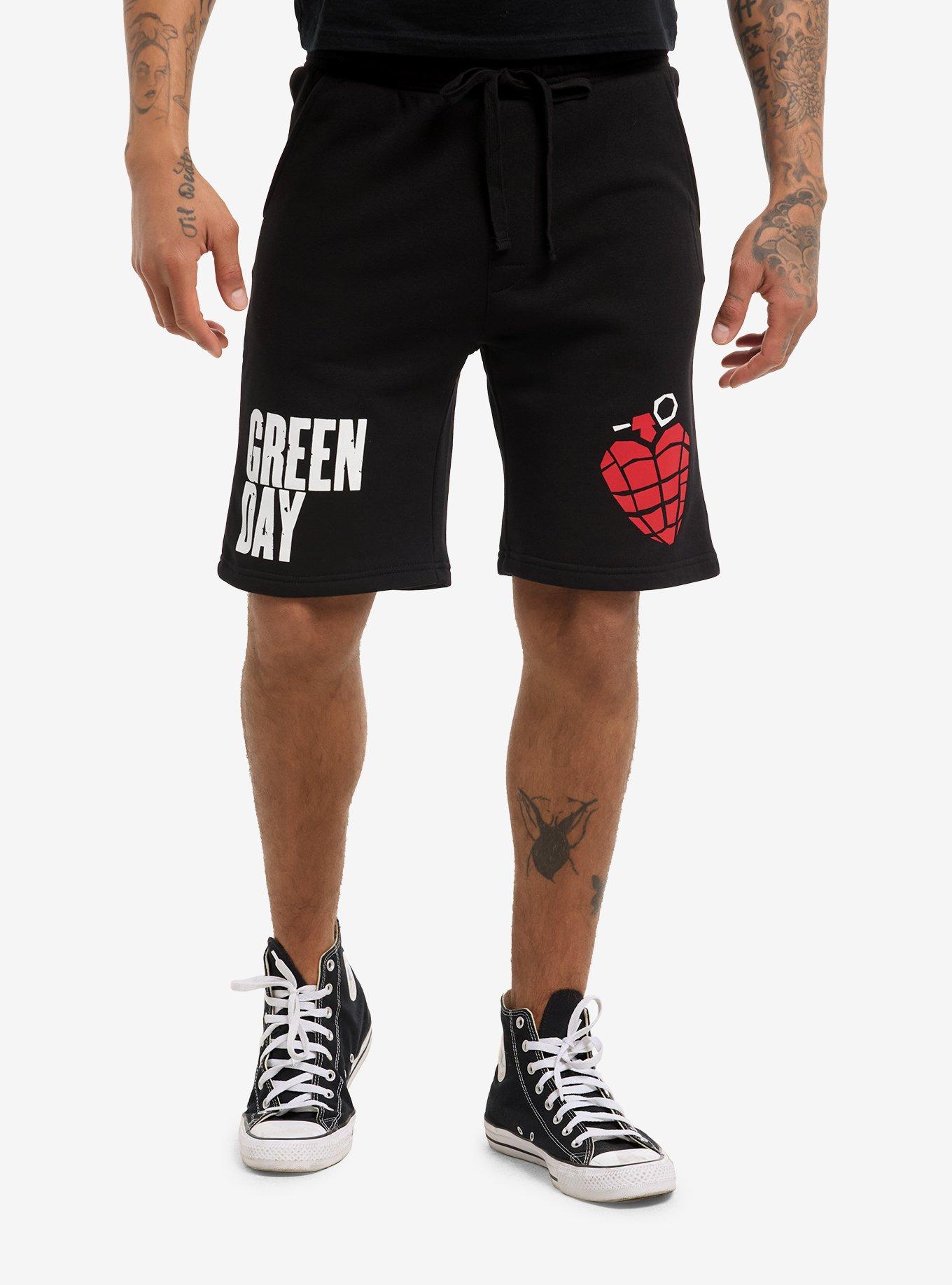 Green Day Heart Grenade Fleece Shorts, BLACK, hi-res