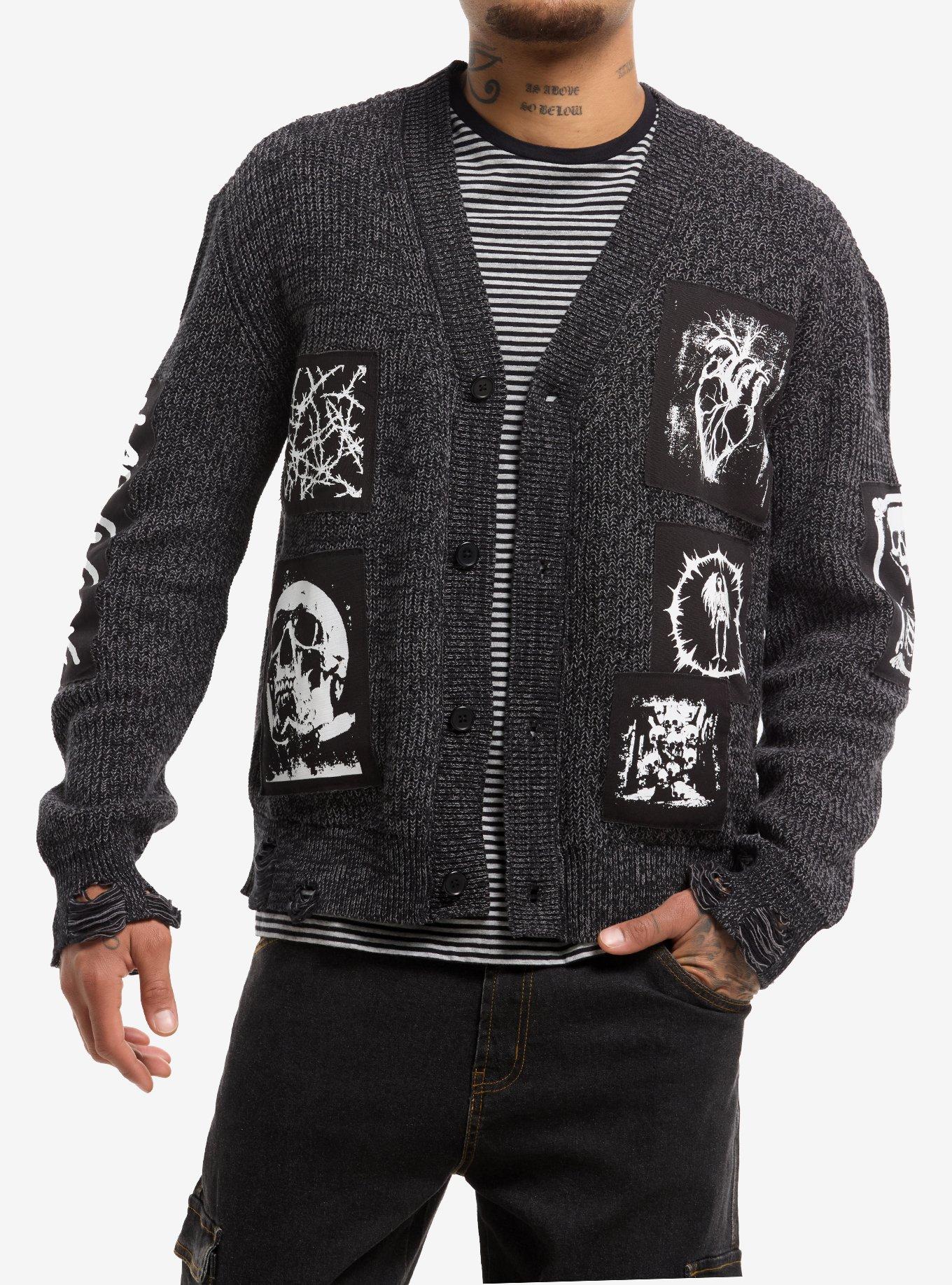 Grey Skull Heart Patch Destructed Cardigan, , hi-res