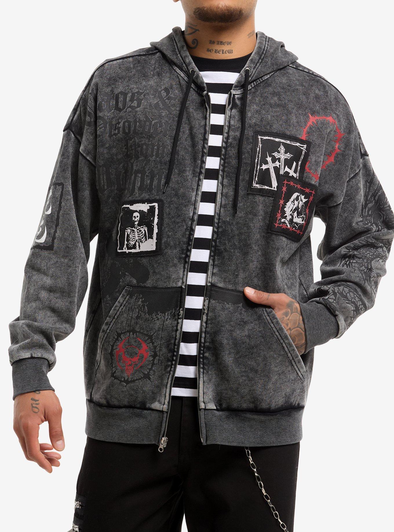 Skull Cross Patch Mineral Wash Hoodie, BLACK, hi-res
