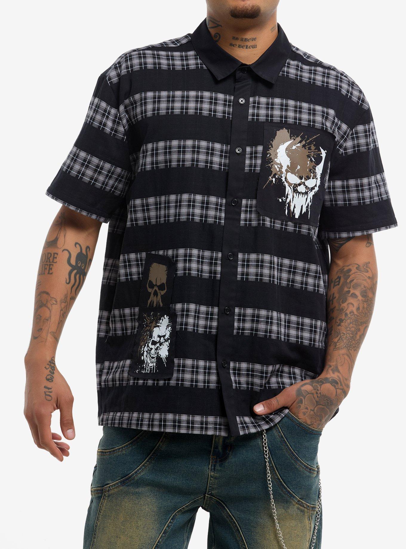 HOTTOPIC Skull Patch Plaid Stripe Woven Button-Up