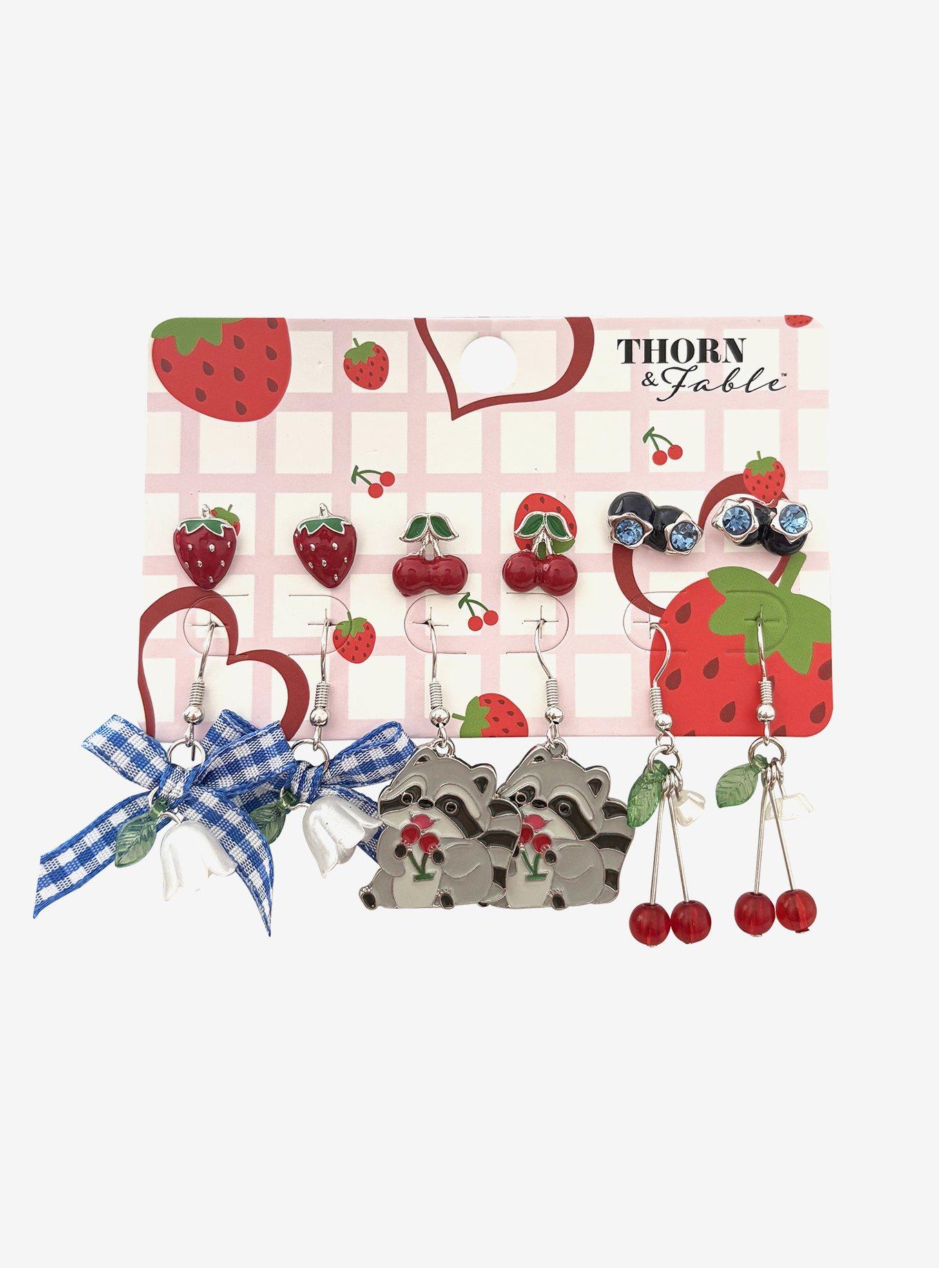 Thorn & Fable Cherry Raccoon Earring Set, , hi-res