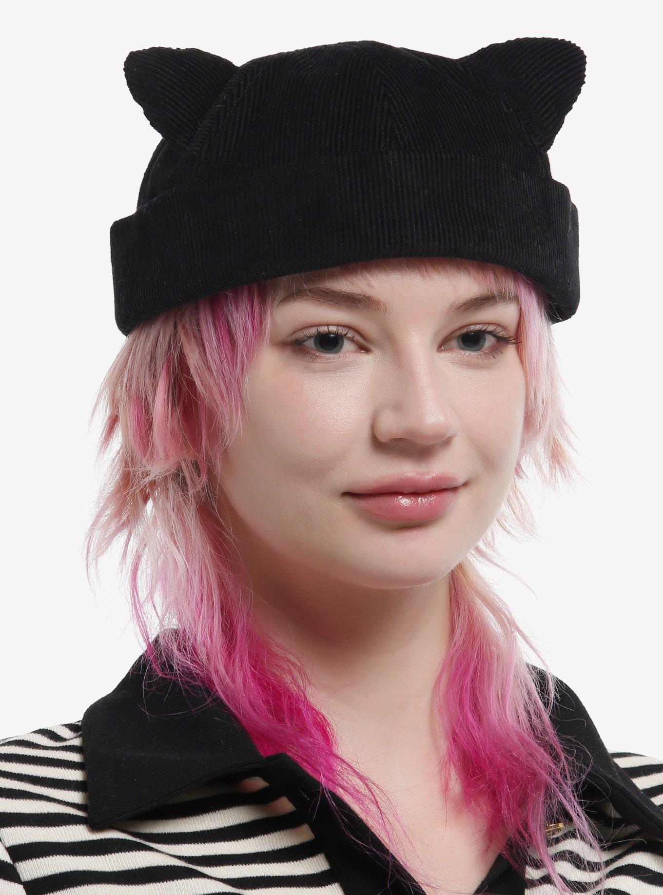 Black Corduroy Cat Ear Rolled Brim Cap, , hi-res