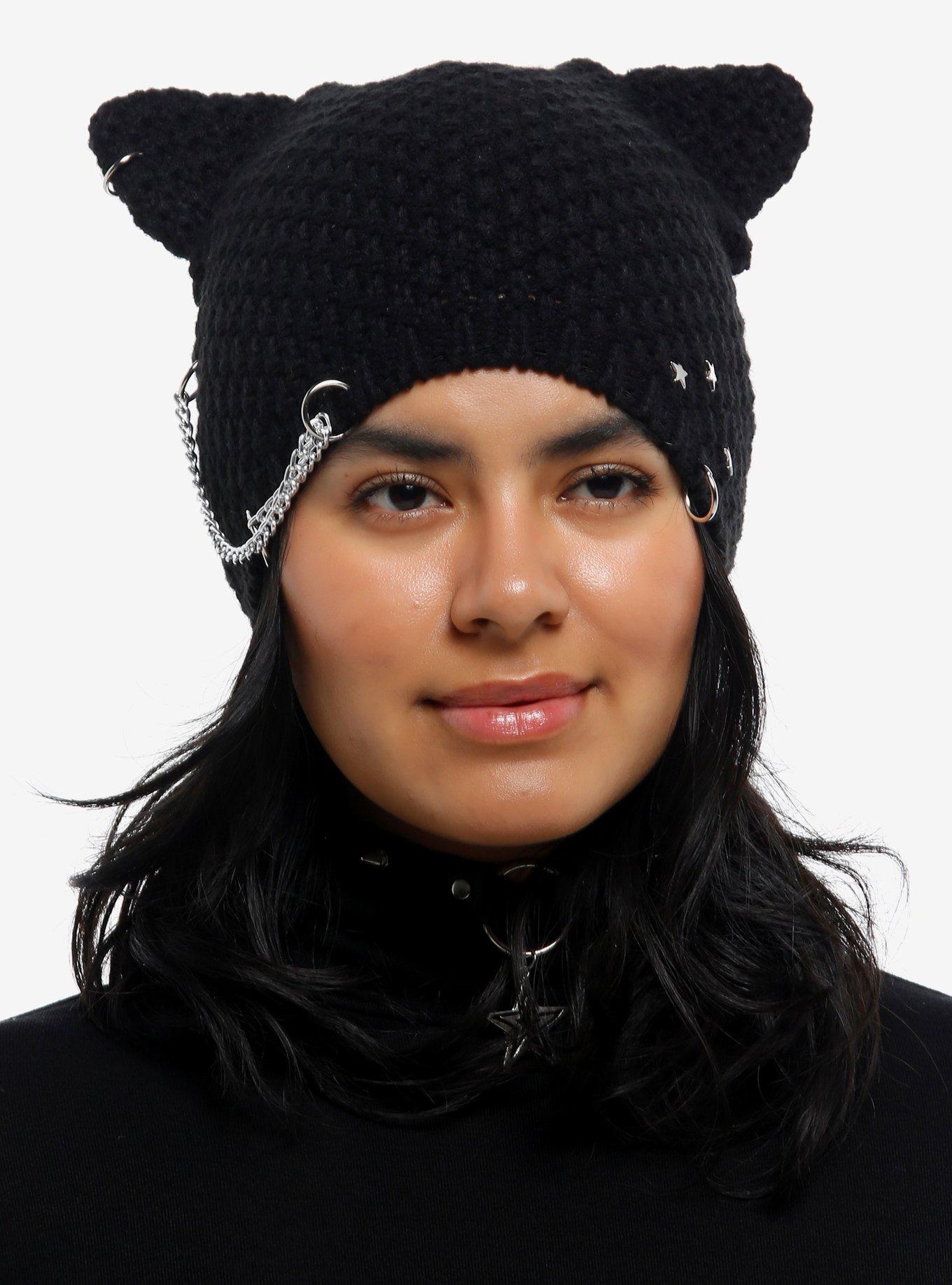 Black Cat Ear Hardware Chunky Knit Beanie, , hi-res