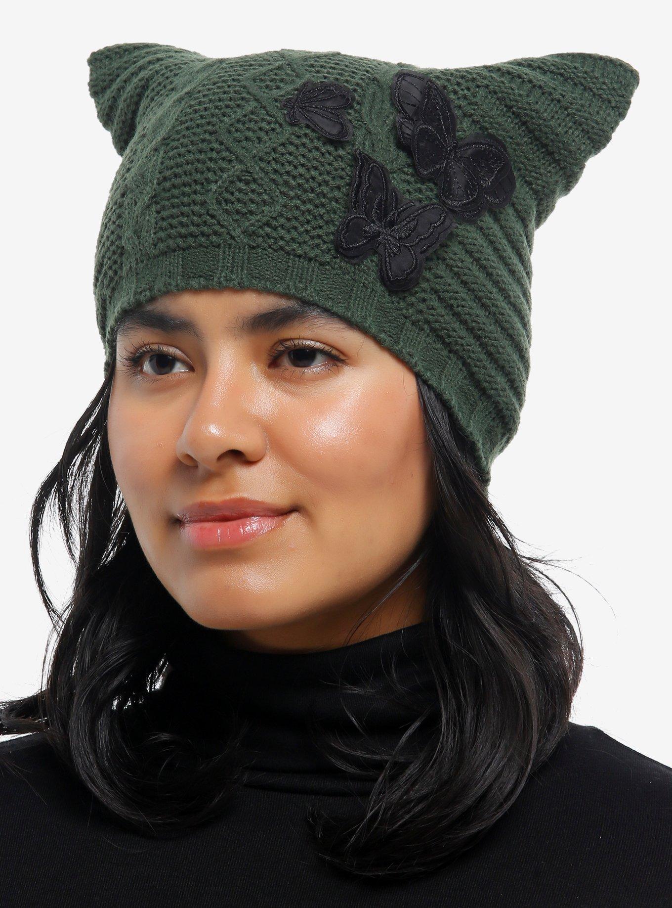 Green Butterfly Applique Subtle Ear Beanie, , hi-res