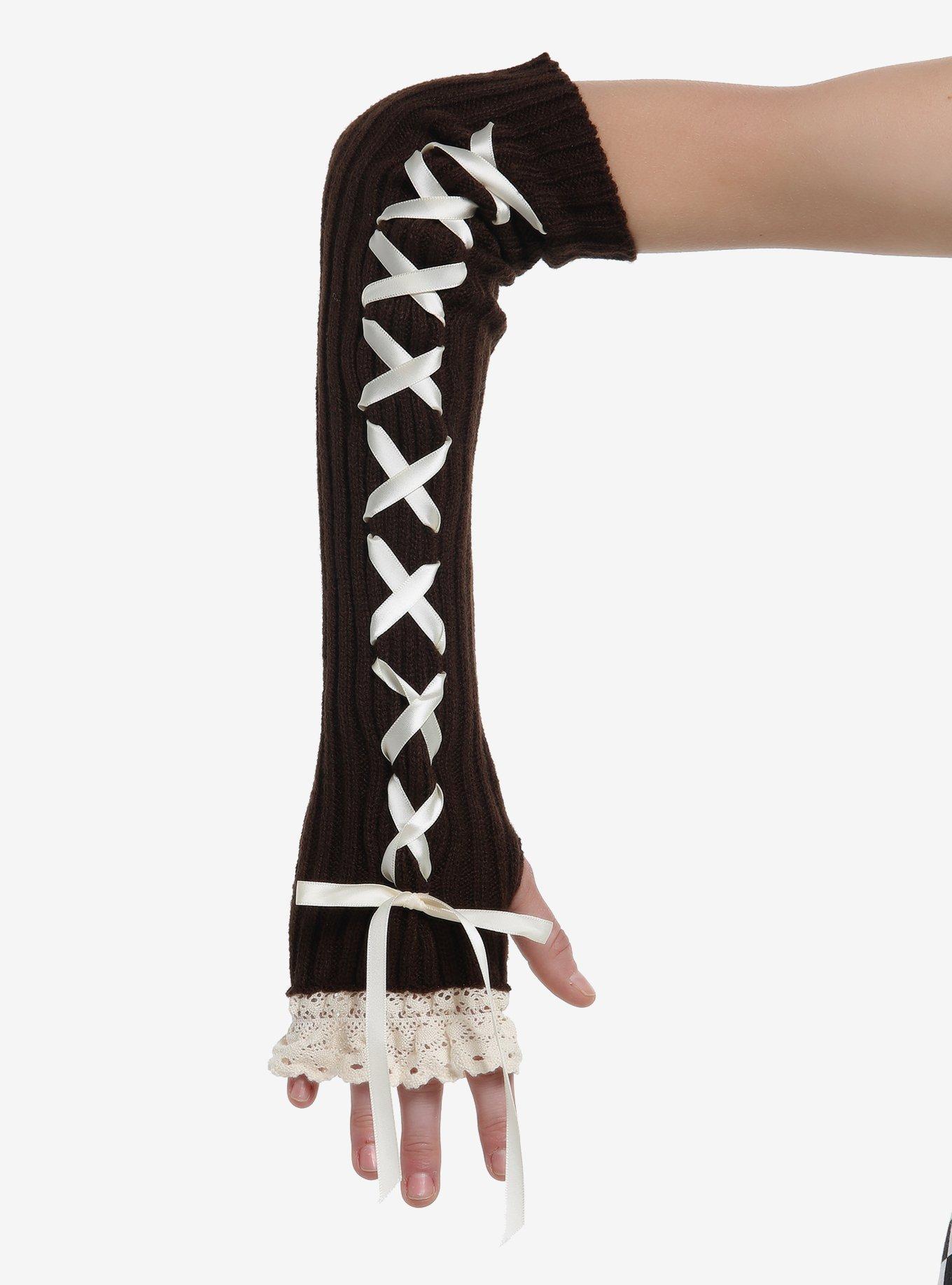 Brown & Ivory Lace-Up Arm Warmers, , hi-res