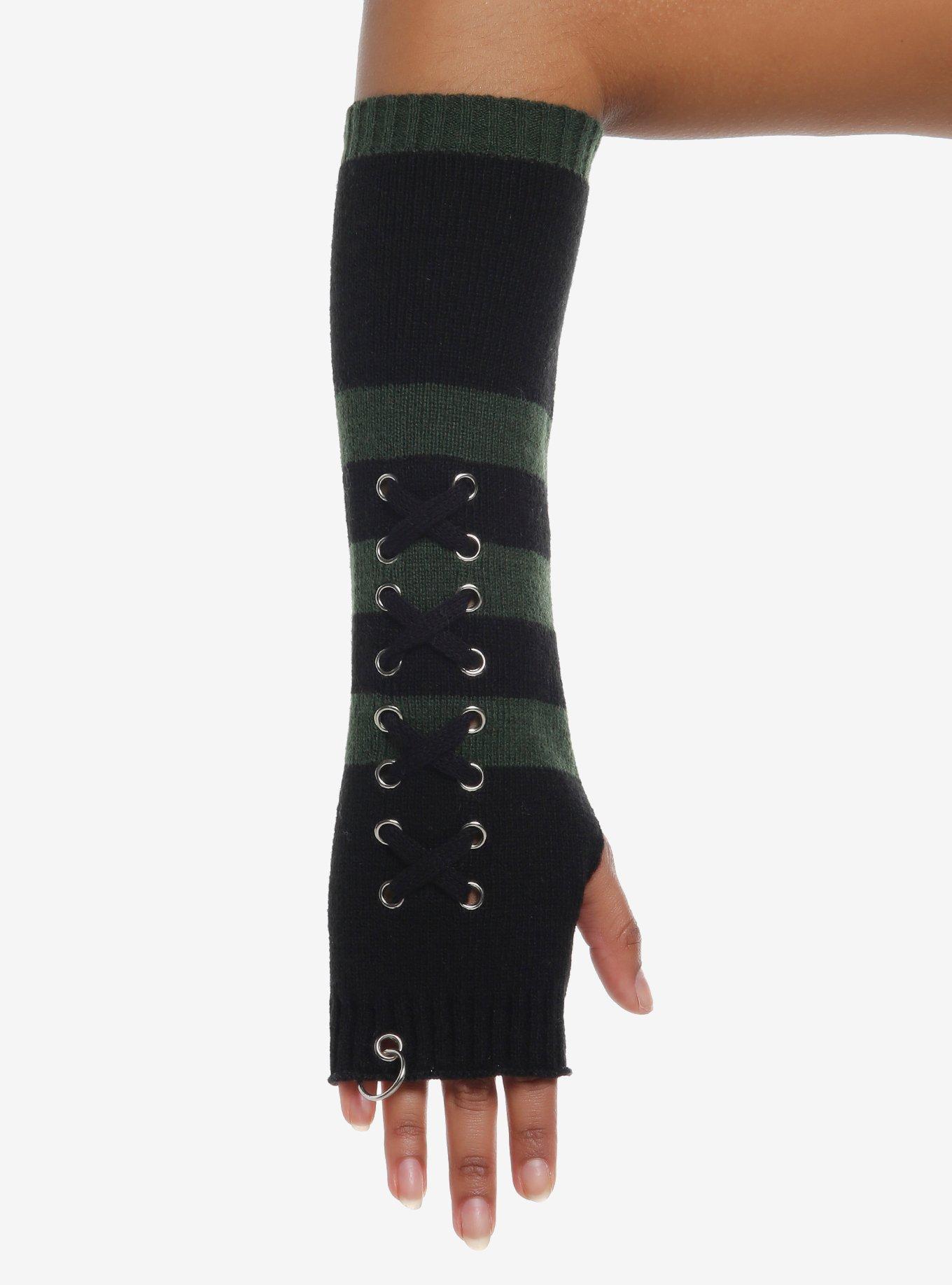 Green & Black Grommet Lace-Up Arm Warmers, , hi-res