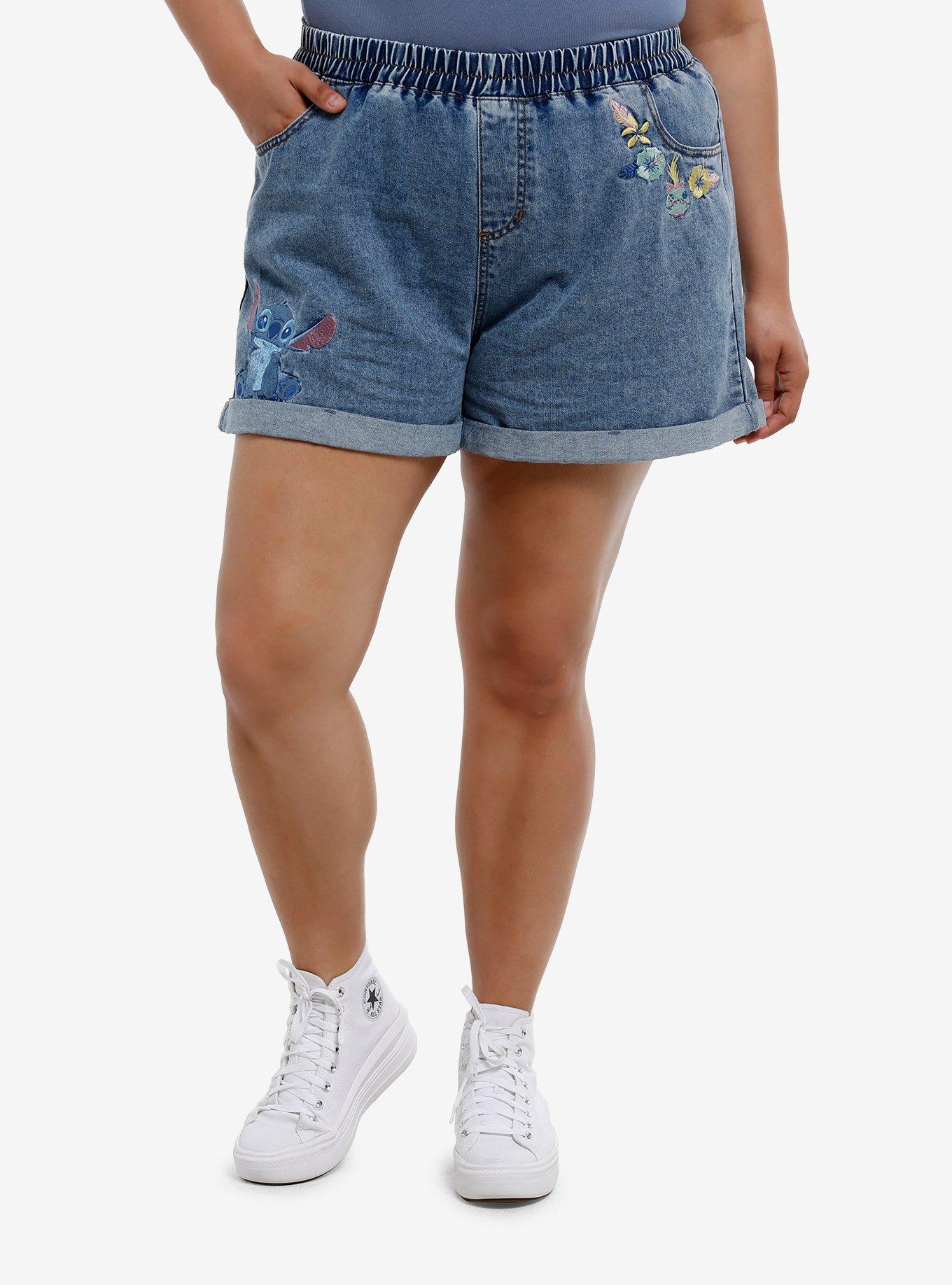 Her Universe Disney Lilo & Stitch Scrump & Stitch Elasticated Denim Shorts Plus Size, , hi-res