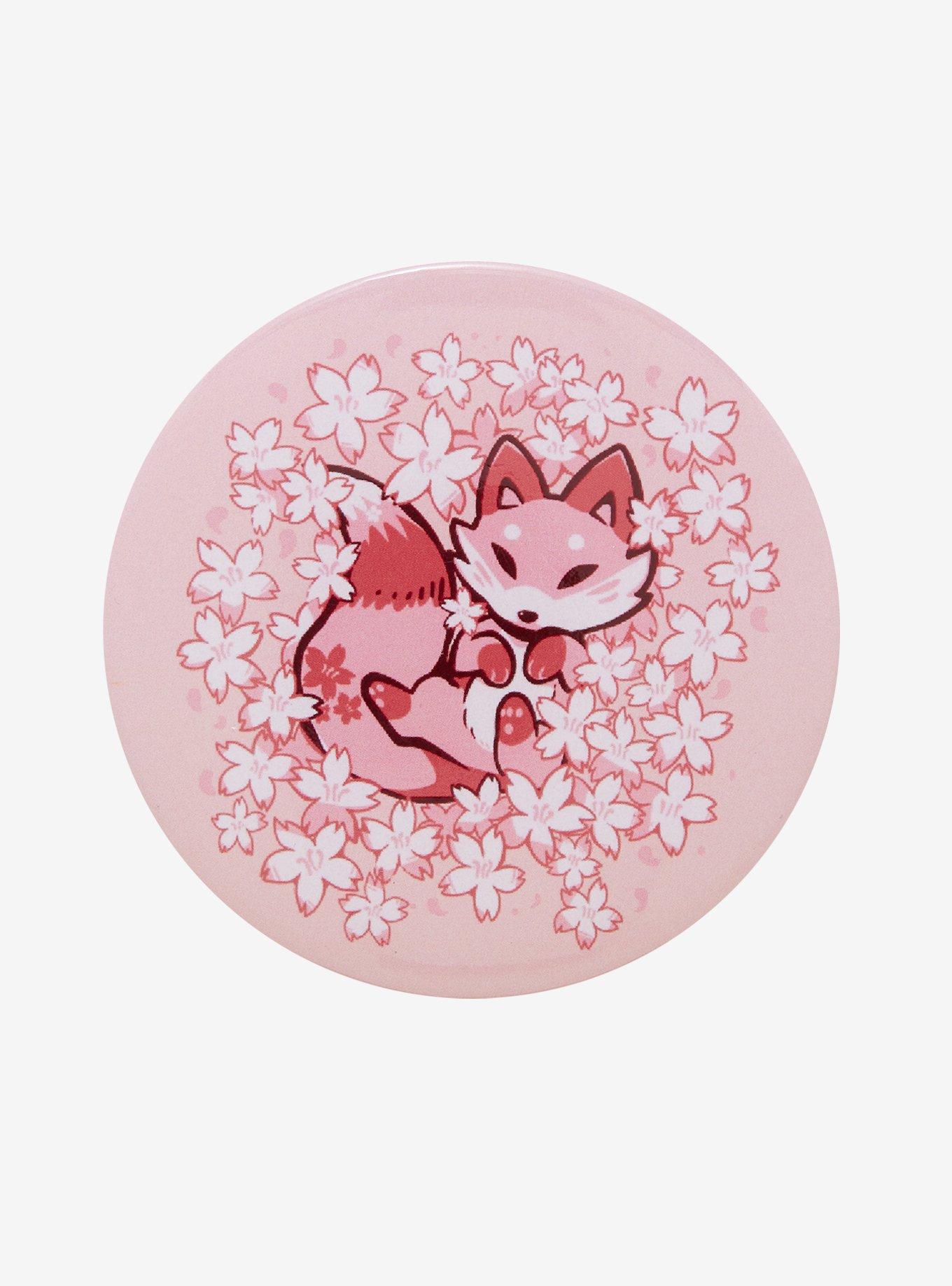 Pink Cherry Blossom Fox 3 Inch Button, , hi-res
