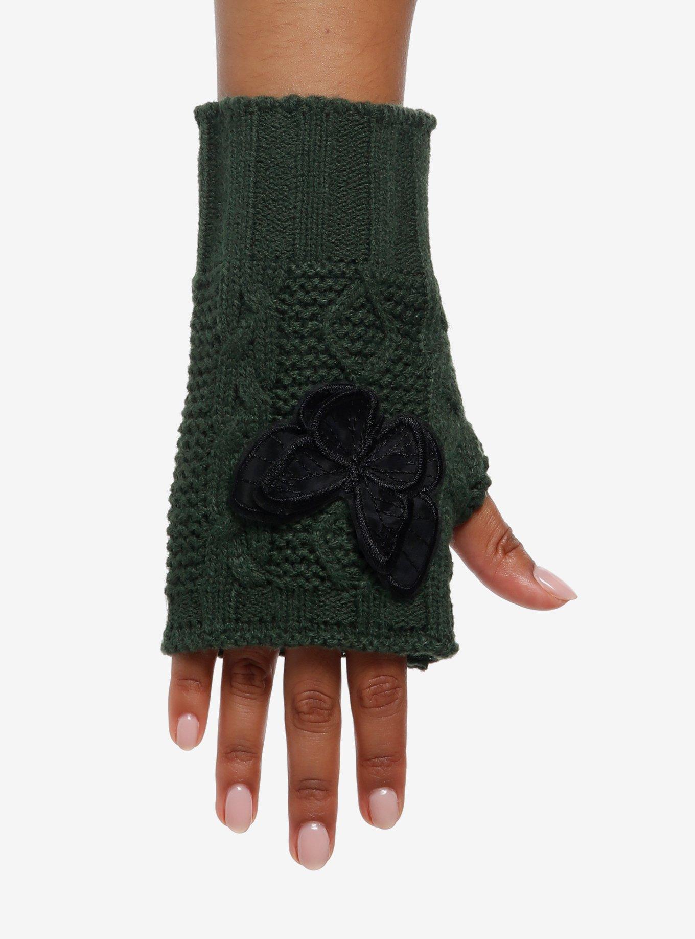 Green Butterfly Applique Fingerless Gloves, , hi-res