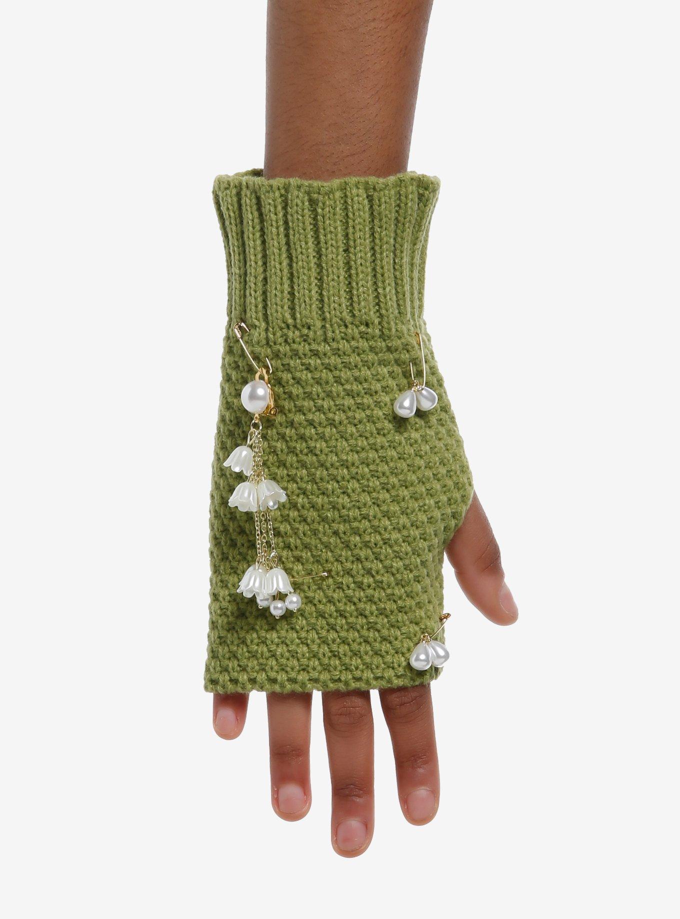 Green Knit Flower Charm Fingerless Gloves, , hi-res