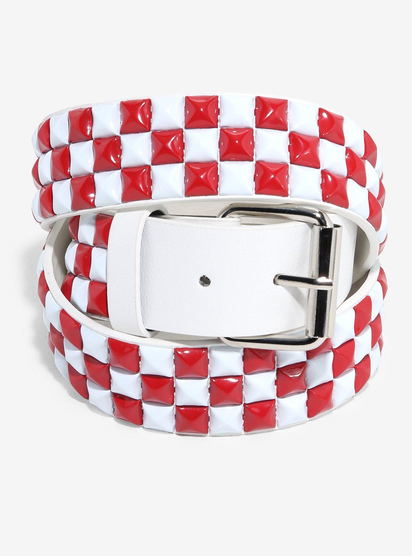 White & Red Three Row Pyramid Stud Belt, , hi-res