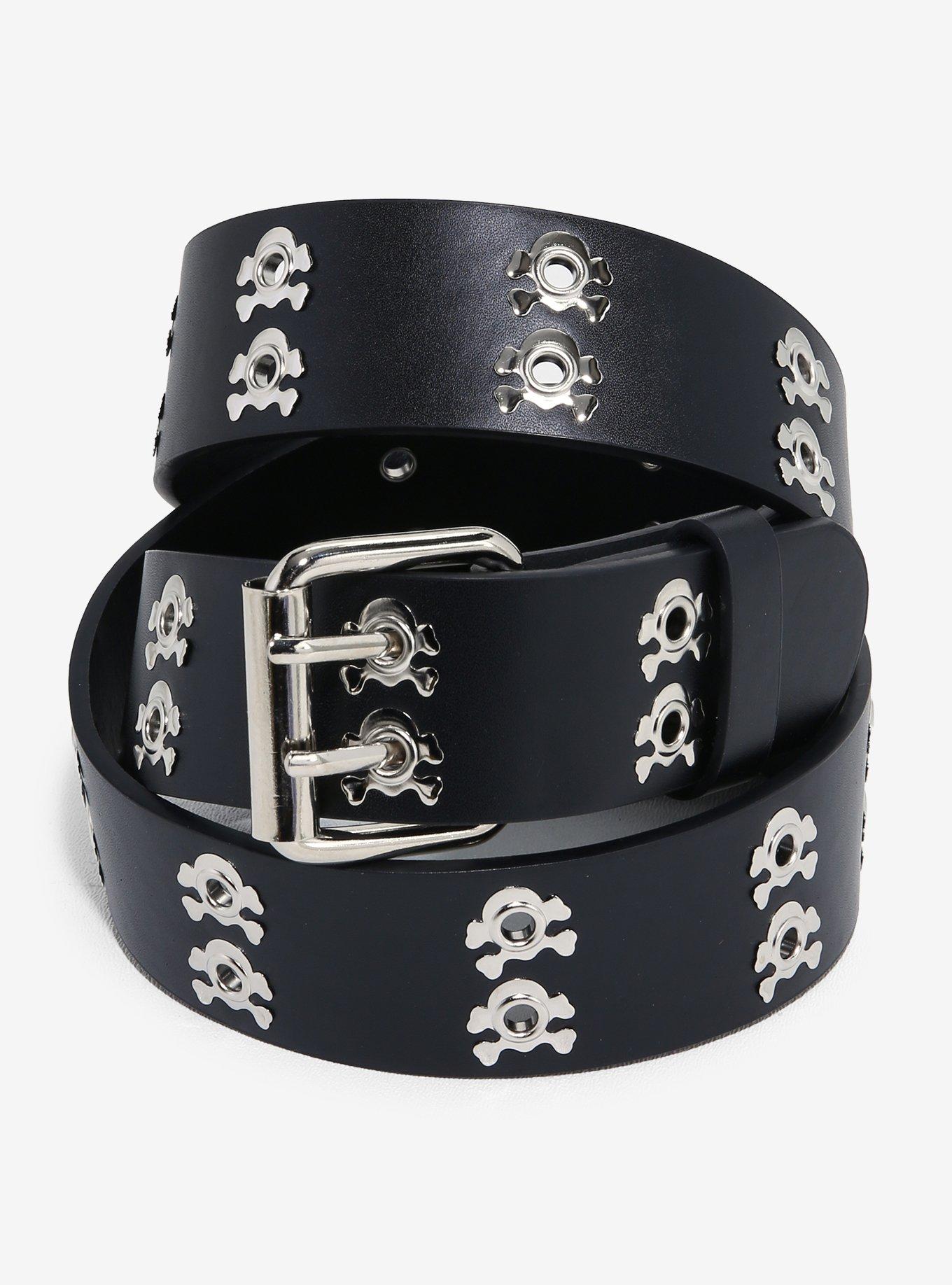Black & Silver Skull & Crossbones Grommet Belt, , hi-res