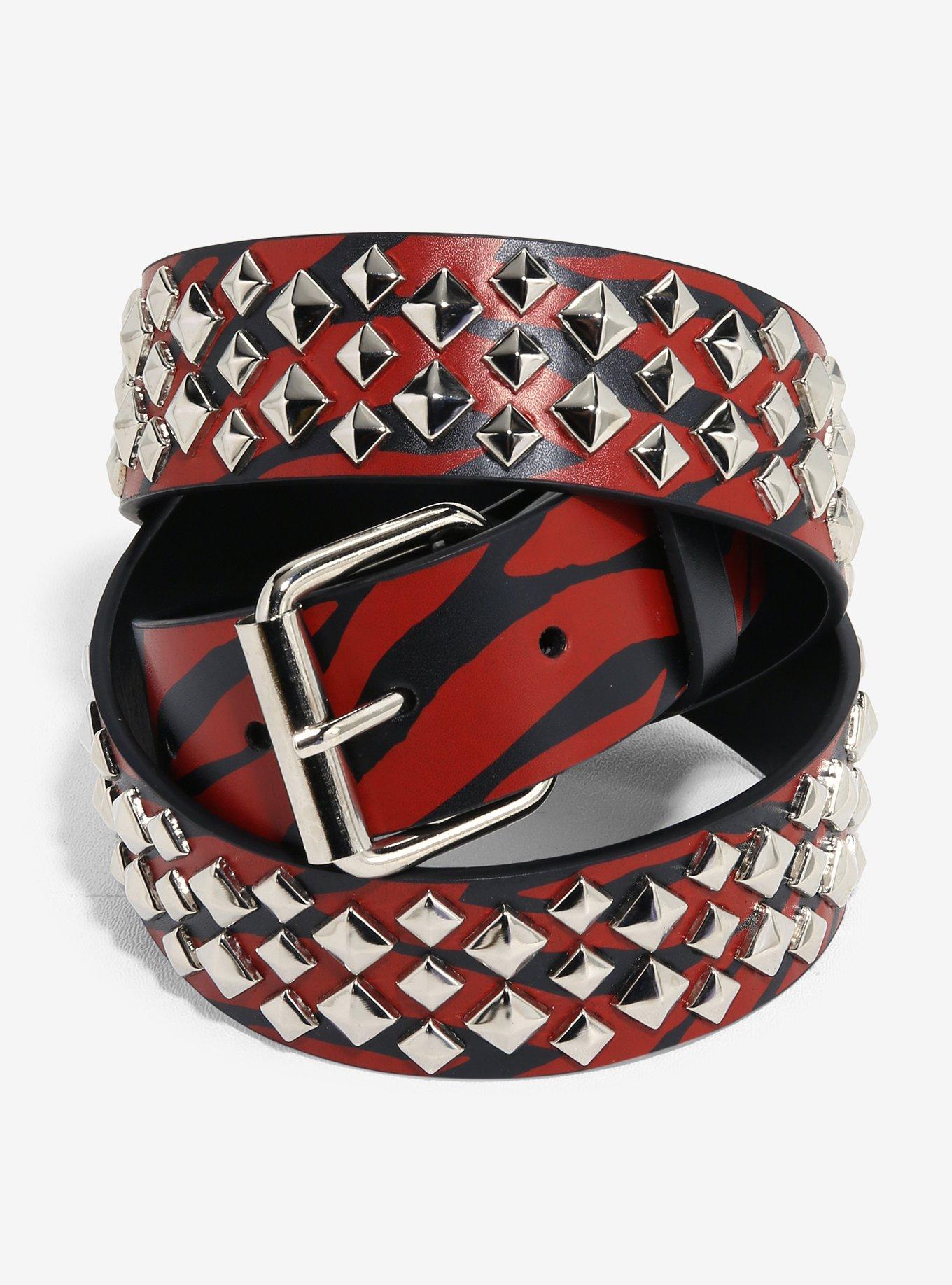 Red & Black Zebra Pyramid Stud Belt, , hi-res
