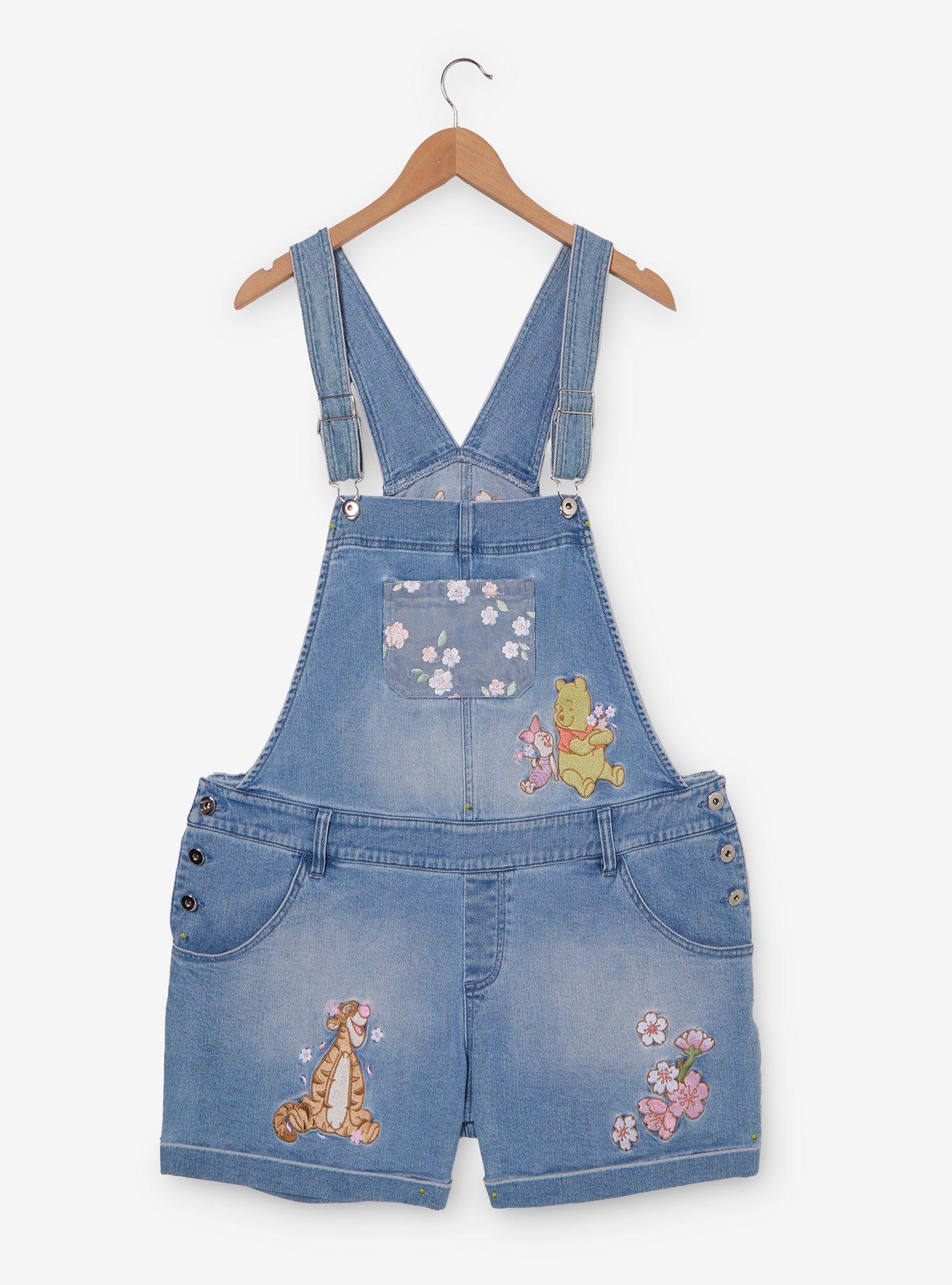 Disney Winnie The Pooh Floral Embroidered Short Overalls Plus Size, , hi-res