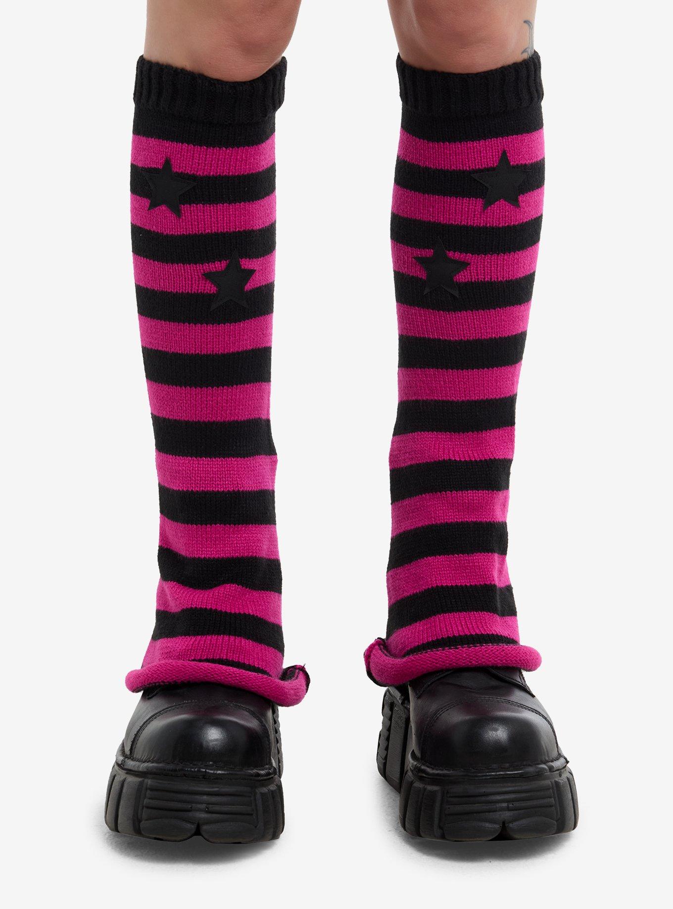 Magenta & Black Stripe Star Flared Leg Warmers, , hi-res