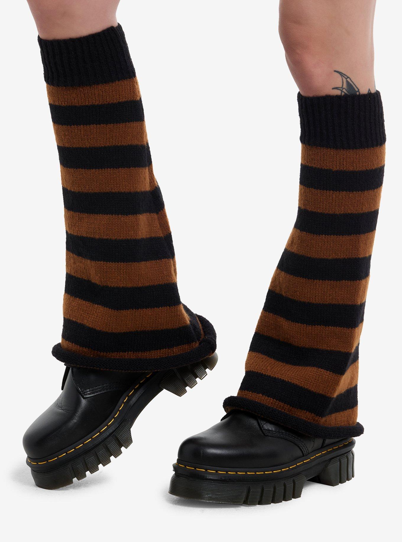 Brown & Black Stripe Knit Flared Leg Warmers, , hi-res