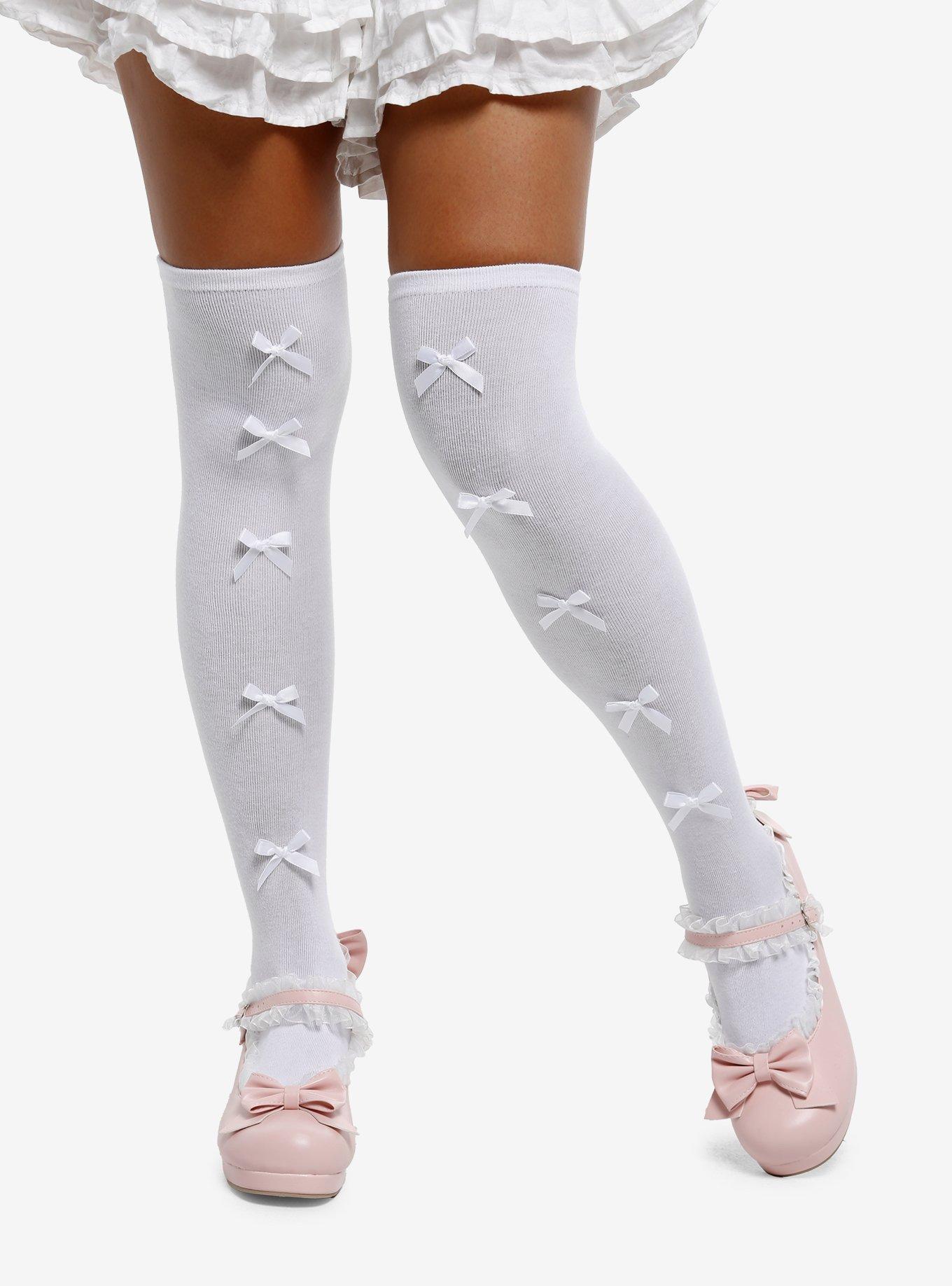 White Small Bow Knee-High Socks, , hi-res
