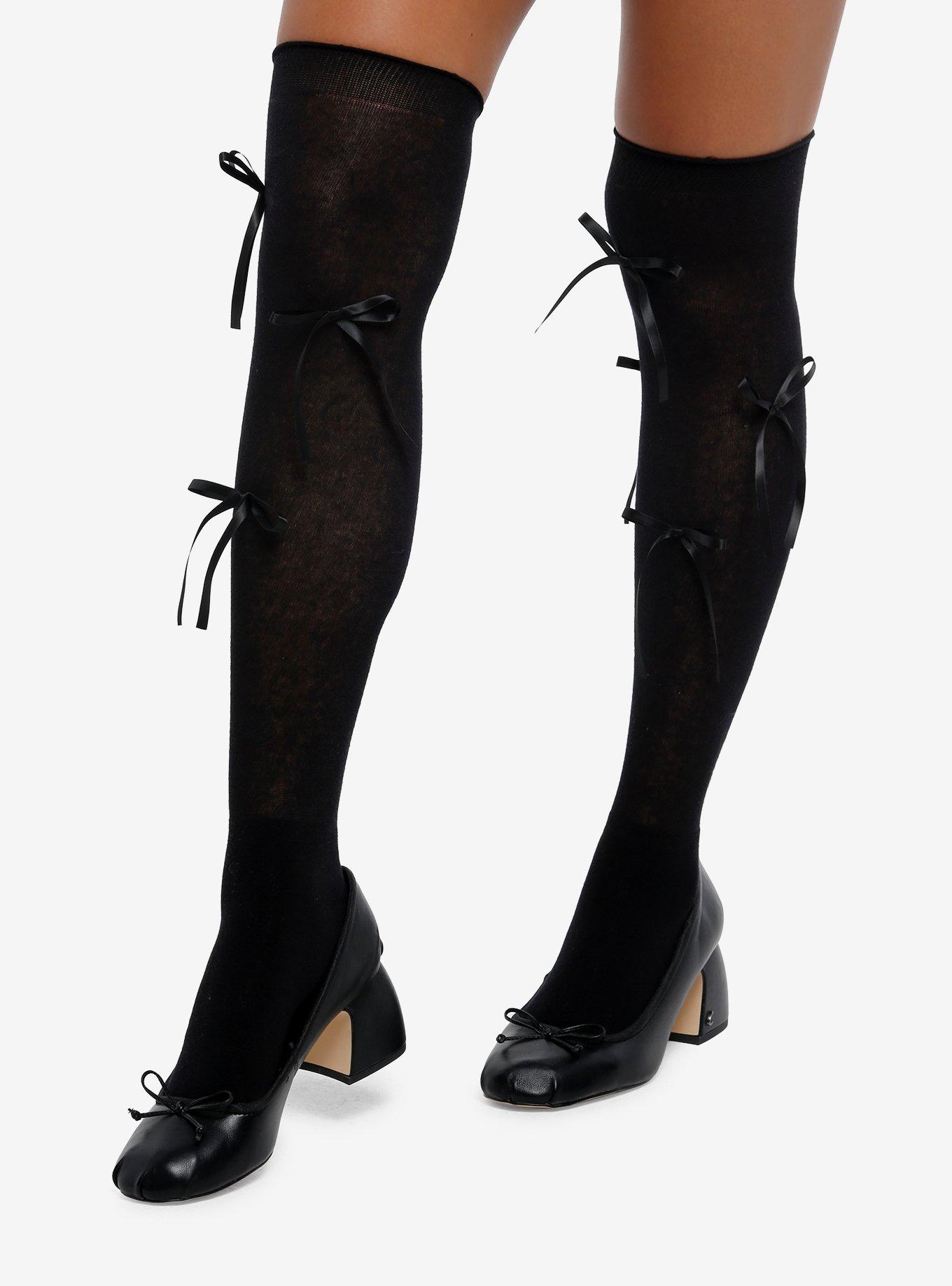 Black Large Bow Knee-High Socks, , hi-res