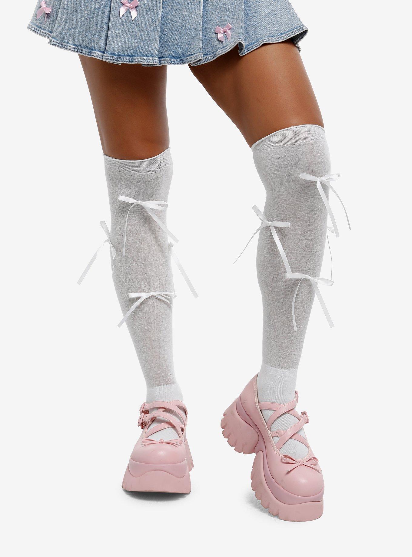White Large Bow Knee-High Socks, , hi-res