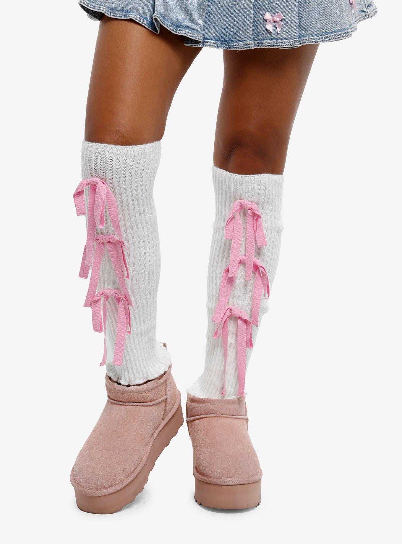 White & Pink Bow Leg Warmers, , hi-res