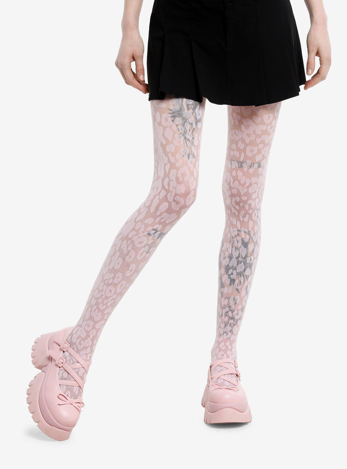 Light Pink Leopard Print Sheer Tights, , hi-res