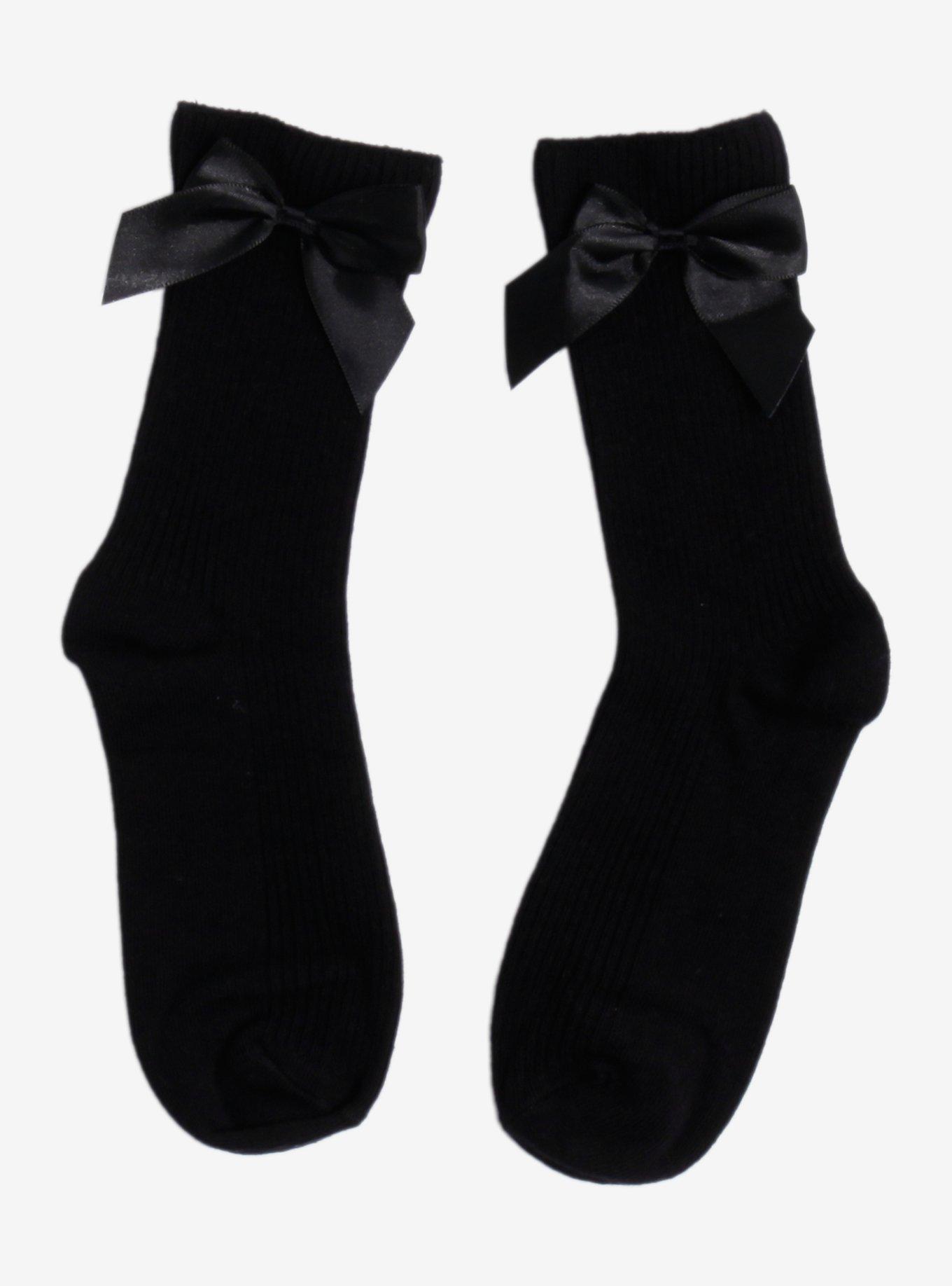 Black Satin Bow Crew Socks, , hi-res