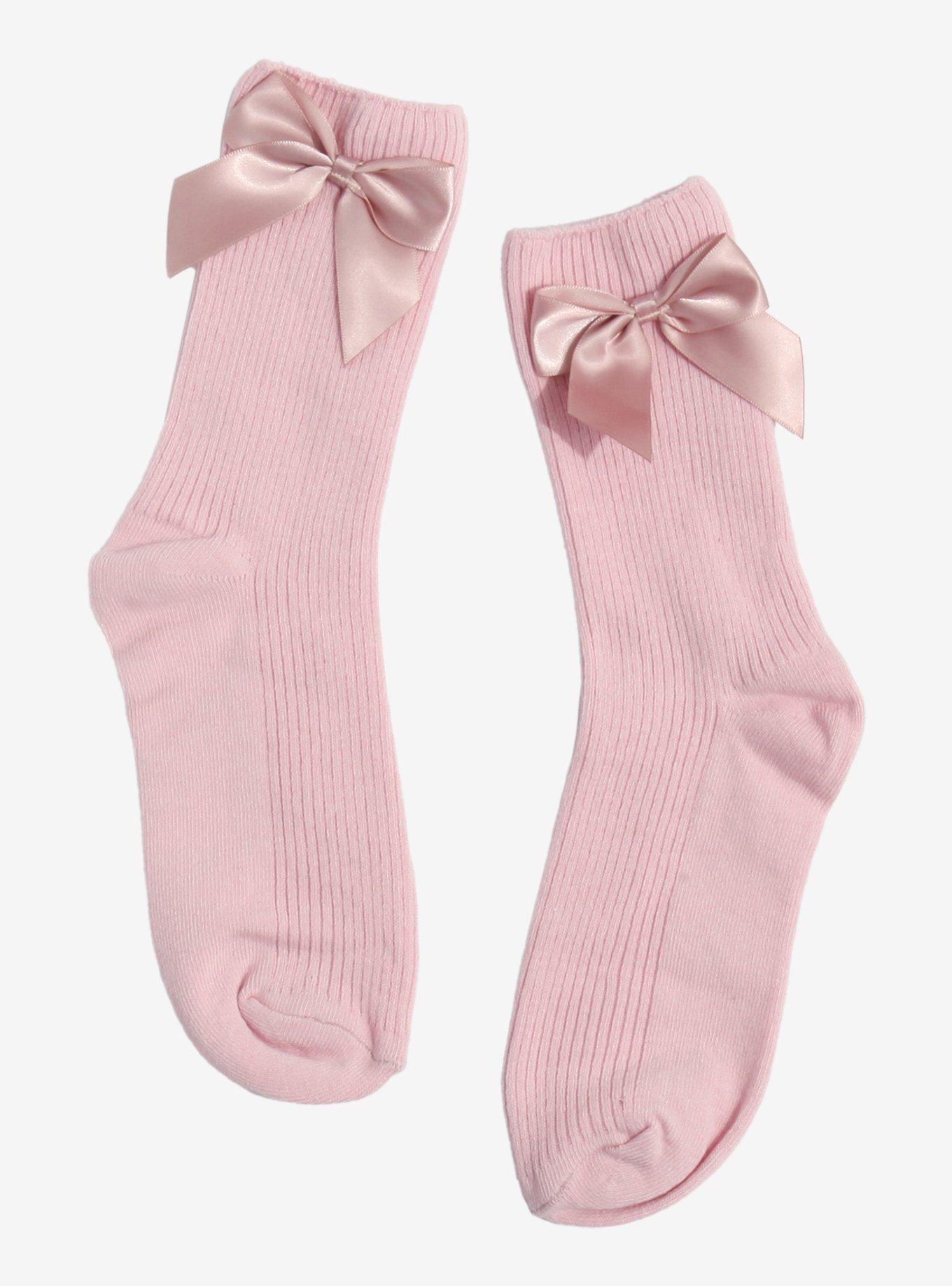 Pink Satin Bow Crew Socks, , hi-res