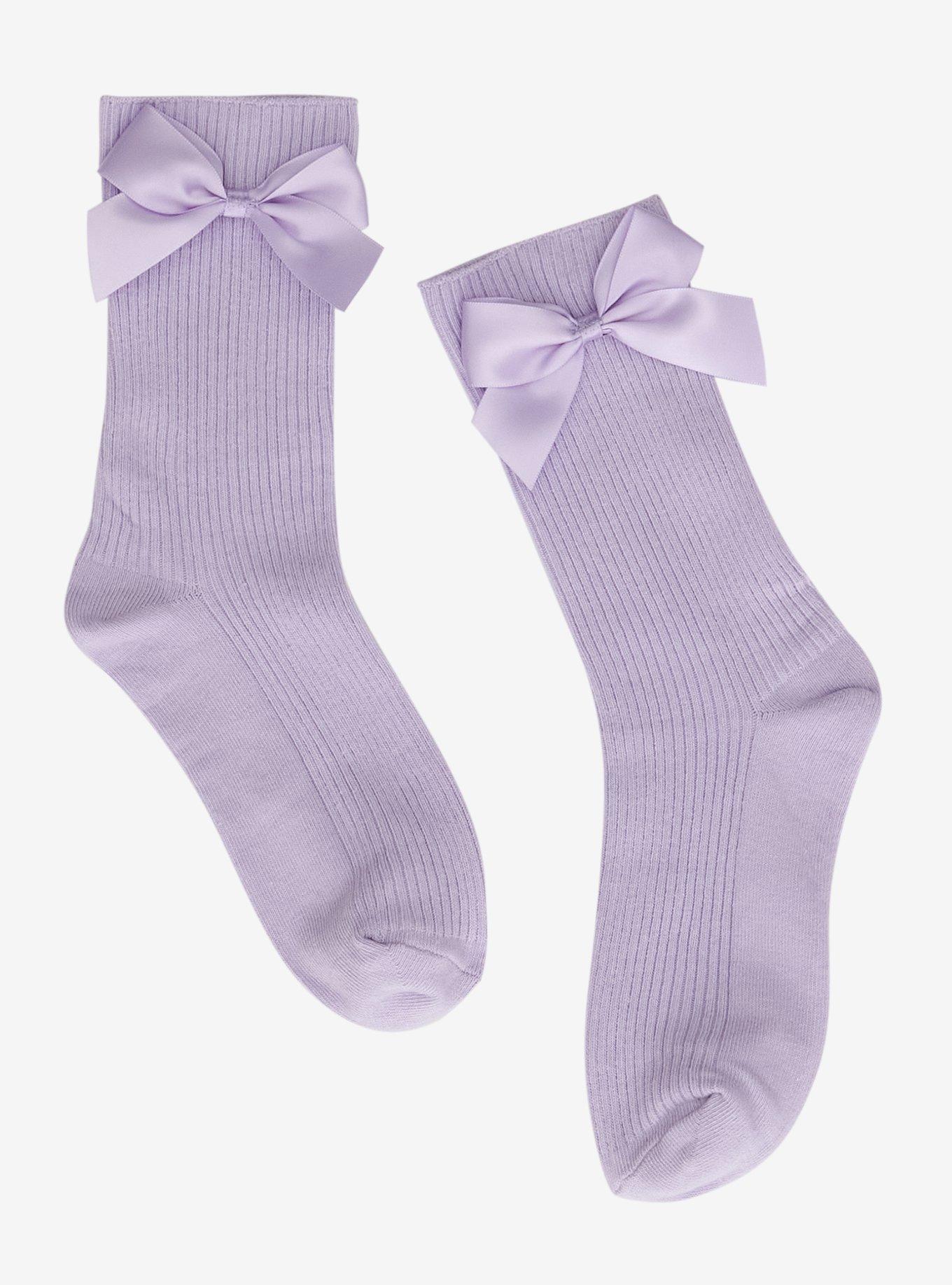 Lavender Satin Bow Ribbed Crew Socks, , hi-res