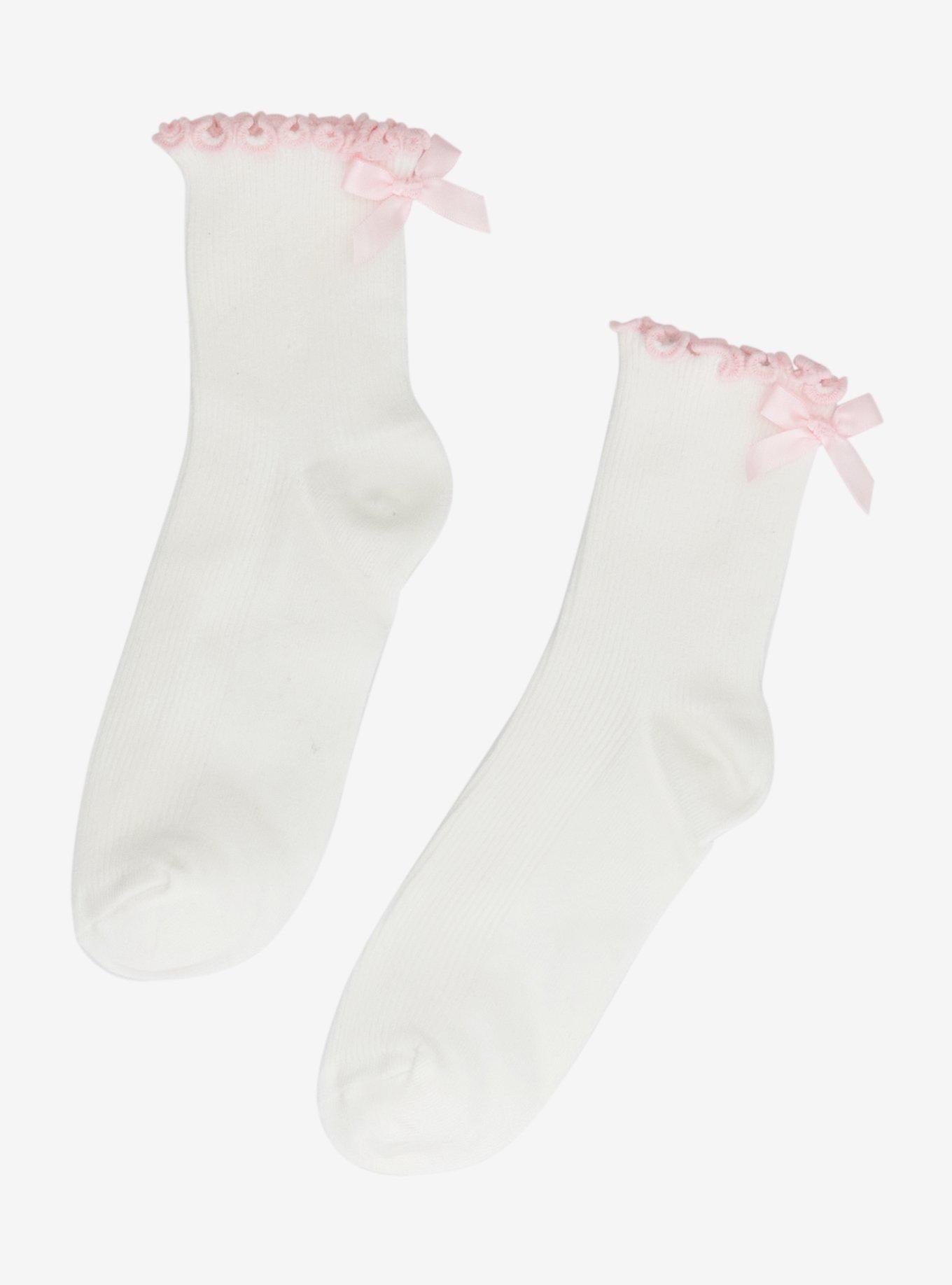 White & Pink Bow Lettuce Trim Crew Socks, , hi-res