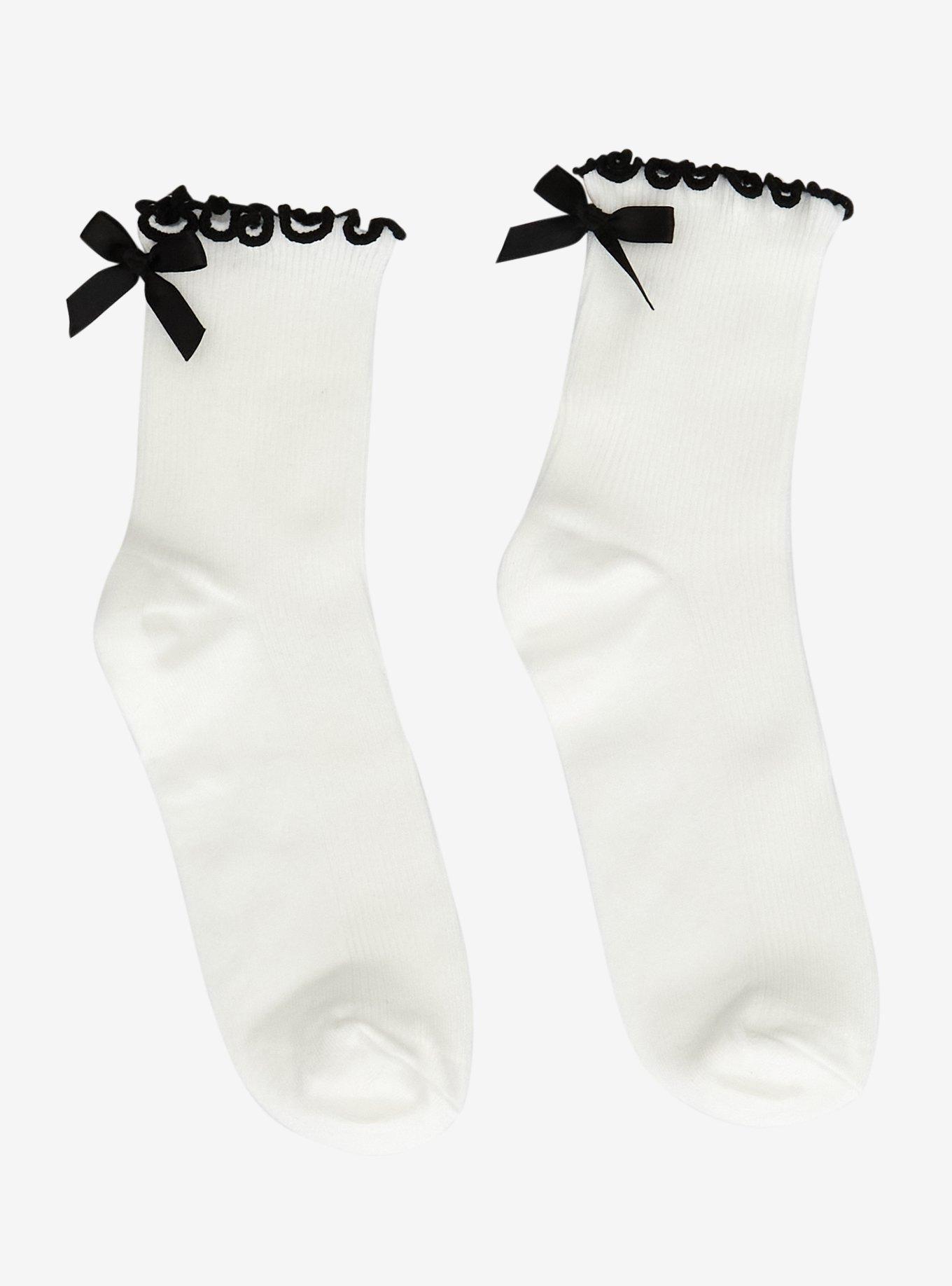 White & Black Bow Lettuce Trim Crew Socks, , hi-res