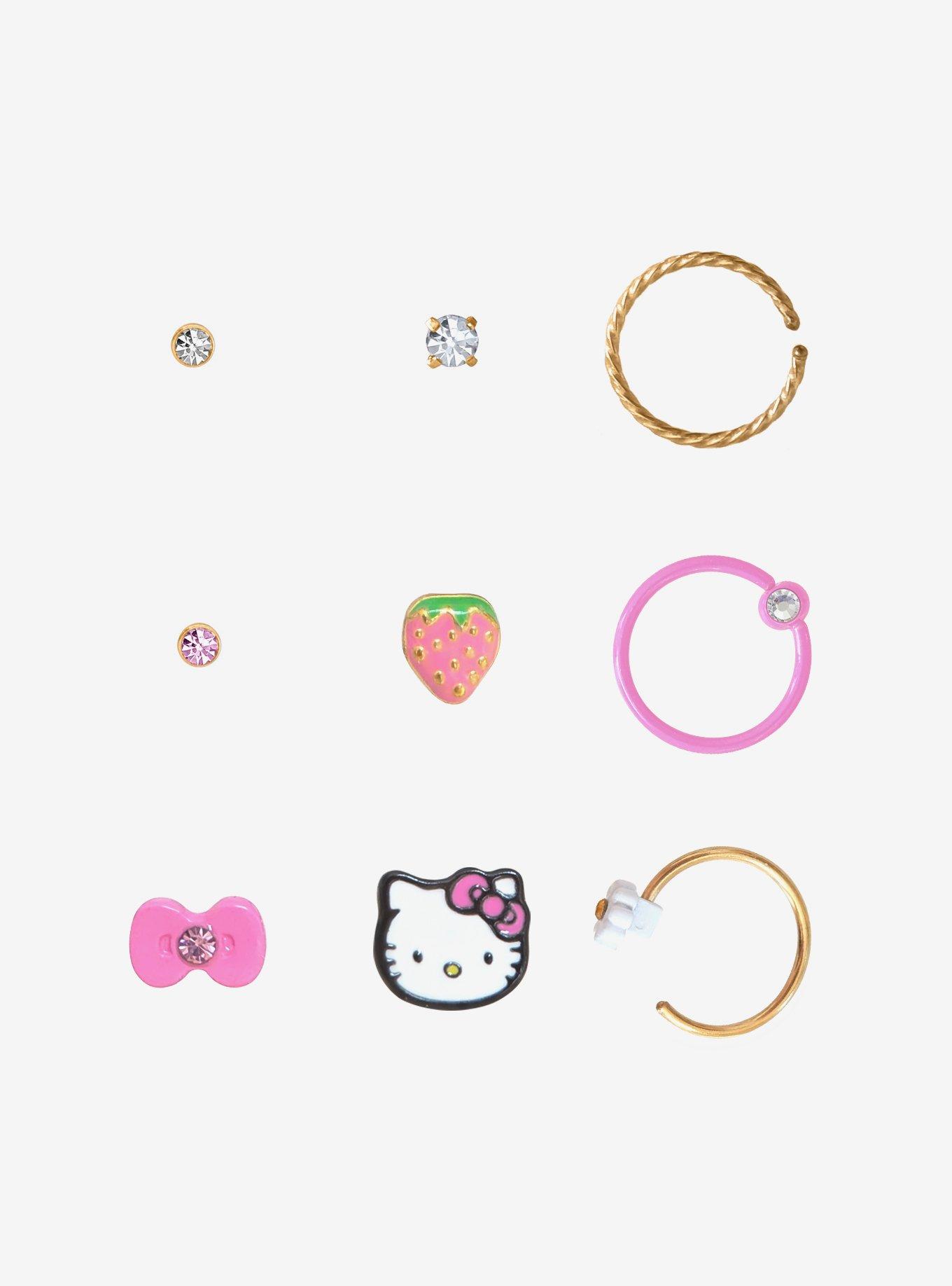 Steel Gold & Pink Hello Kitty Strawberry Nose Stud & Hoop 9 Pack
