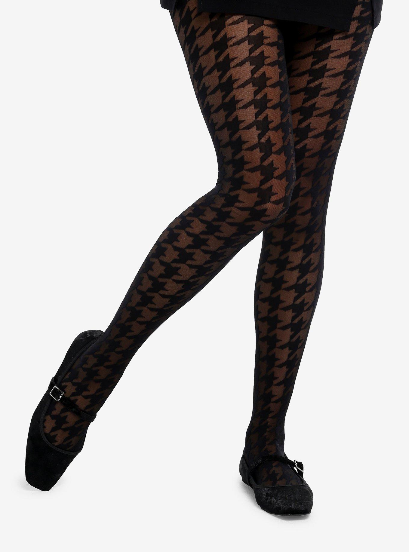 Black Houndstooth Sheer Tights, , hi-res