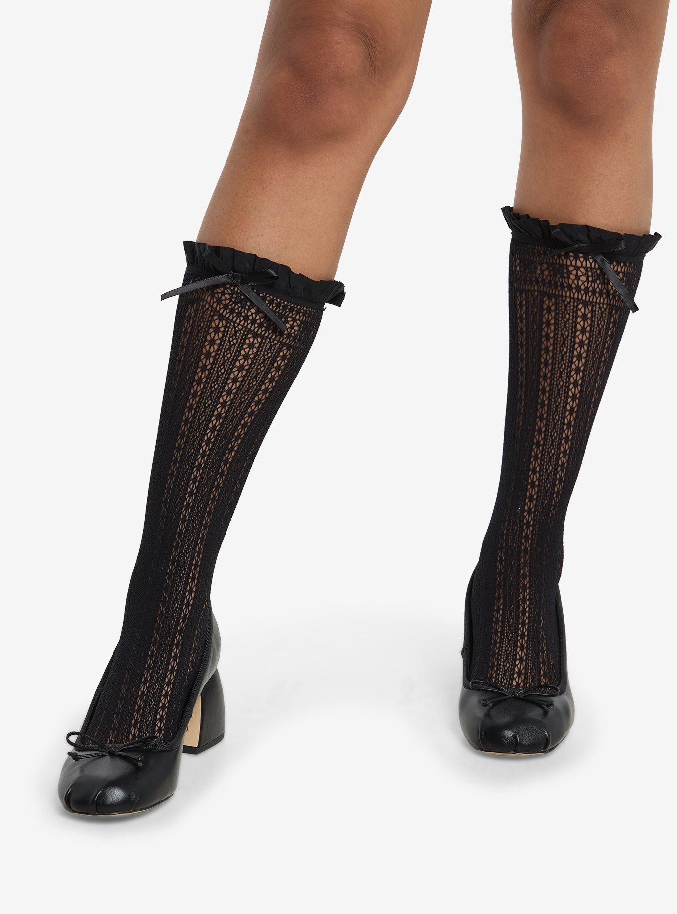 Black Pointelle Ruffle Crew Socks, , hi-res