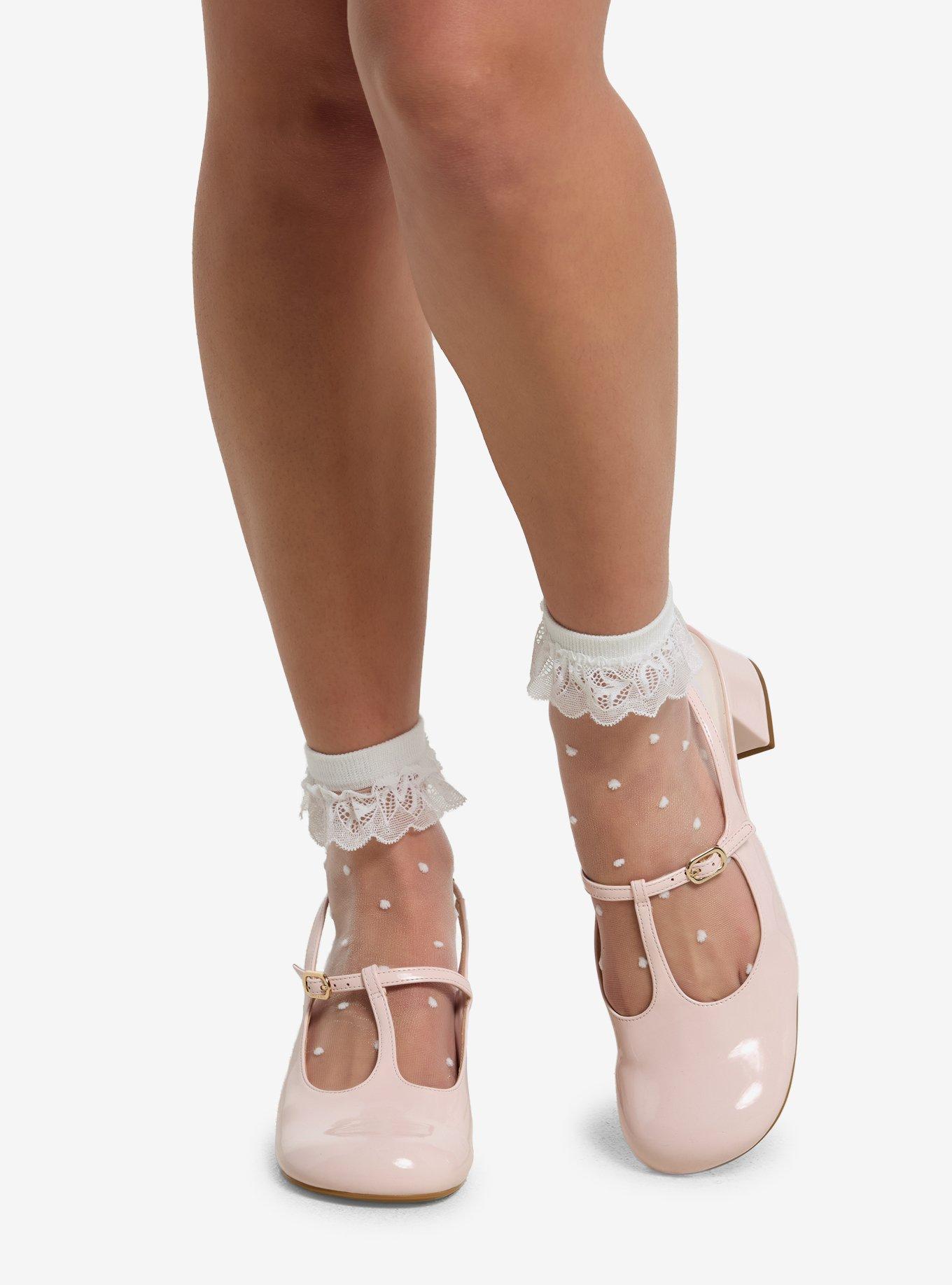 White Sheer Polka Dot Ruffle Crew Socks, , hi-res